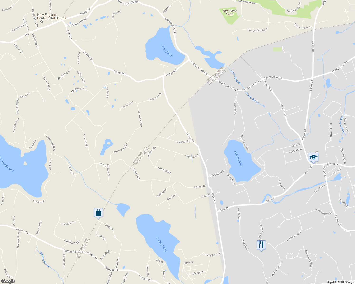 map of restaurants, bars, coffee shops, grocery stores, and more near 28 Hidden Road in Dracut