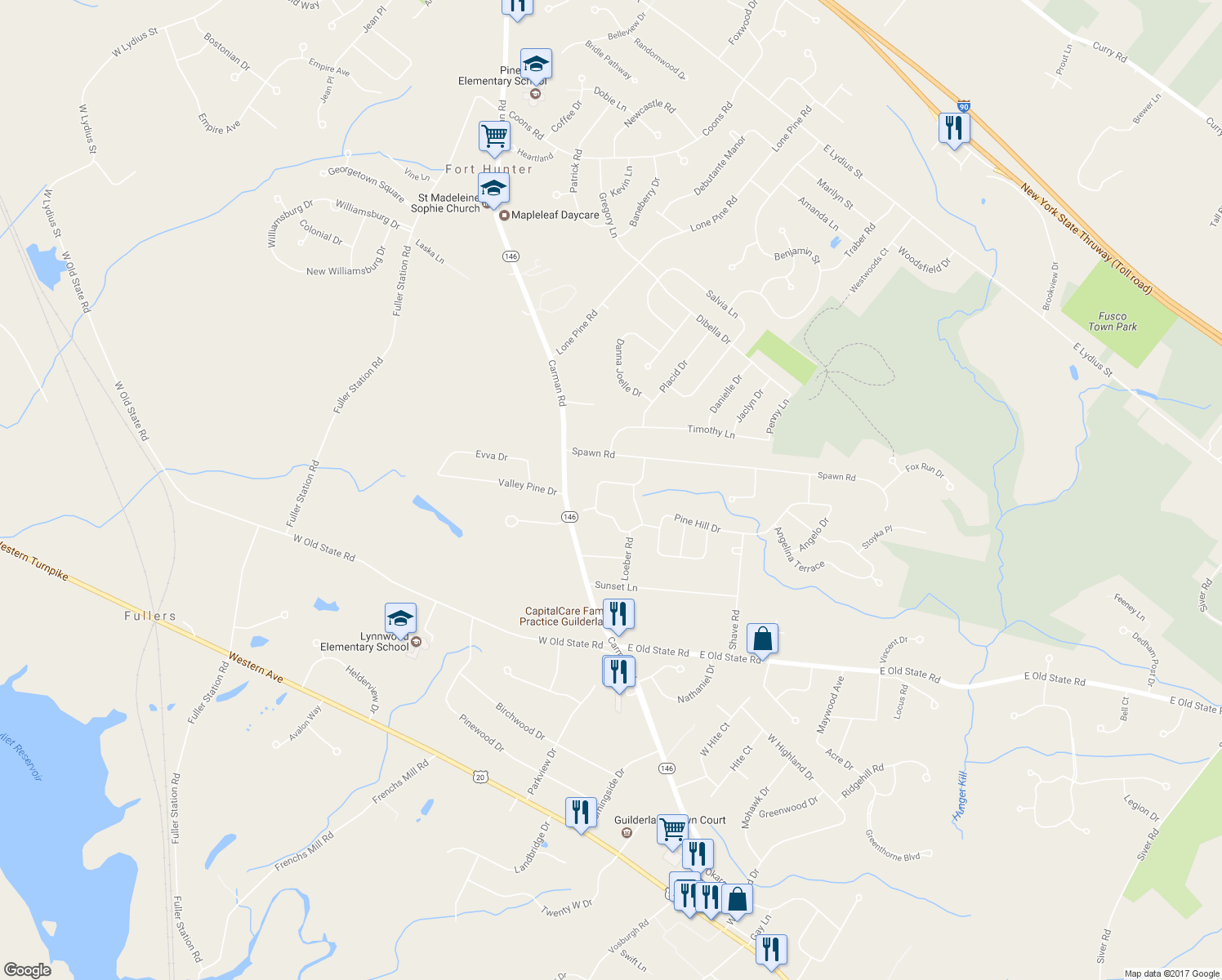 map of restaurants, bars, coffee shops, grocery stores, and more near 613 Via Ponderosa in Schenectady