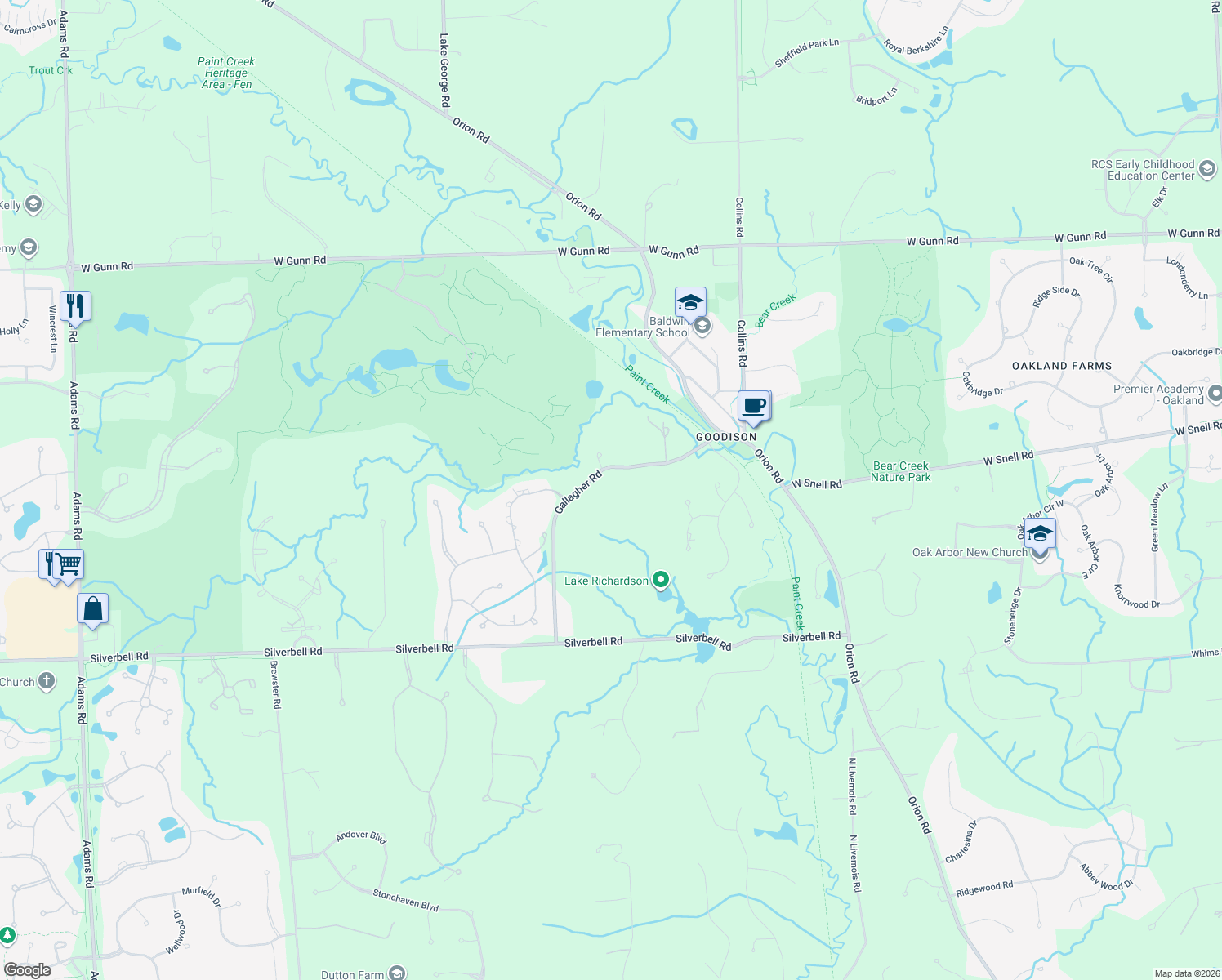 map of restaurants, bars, coffee shops, grocery stores, and more near 4705 Gallagher Road in Rochester