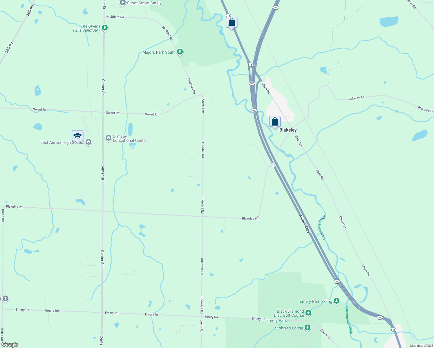 map of restaurants, bars, coffee shops, grocery stores, and more near 1114 Underhill Road in East Aurora