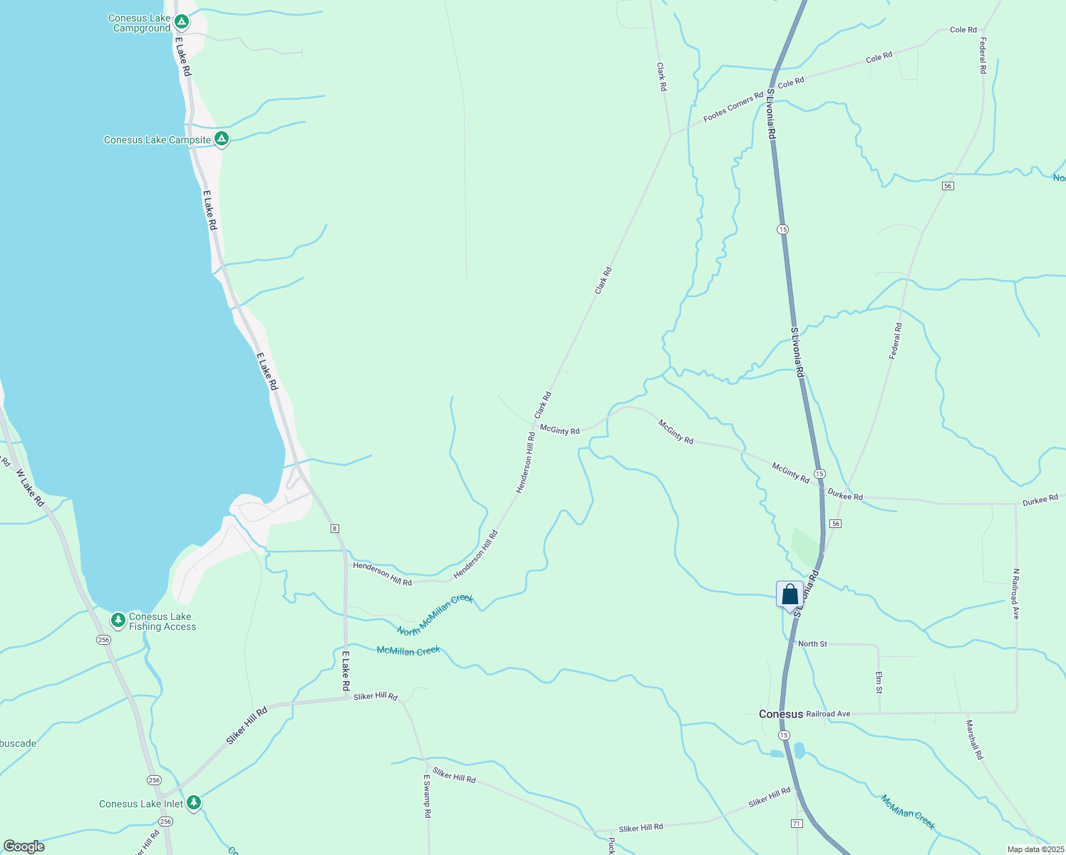 map of restaurants, bars, coffee shops, grocery stores, and more near 5576 Henderson Hill Road in Conesus