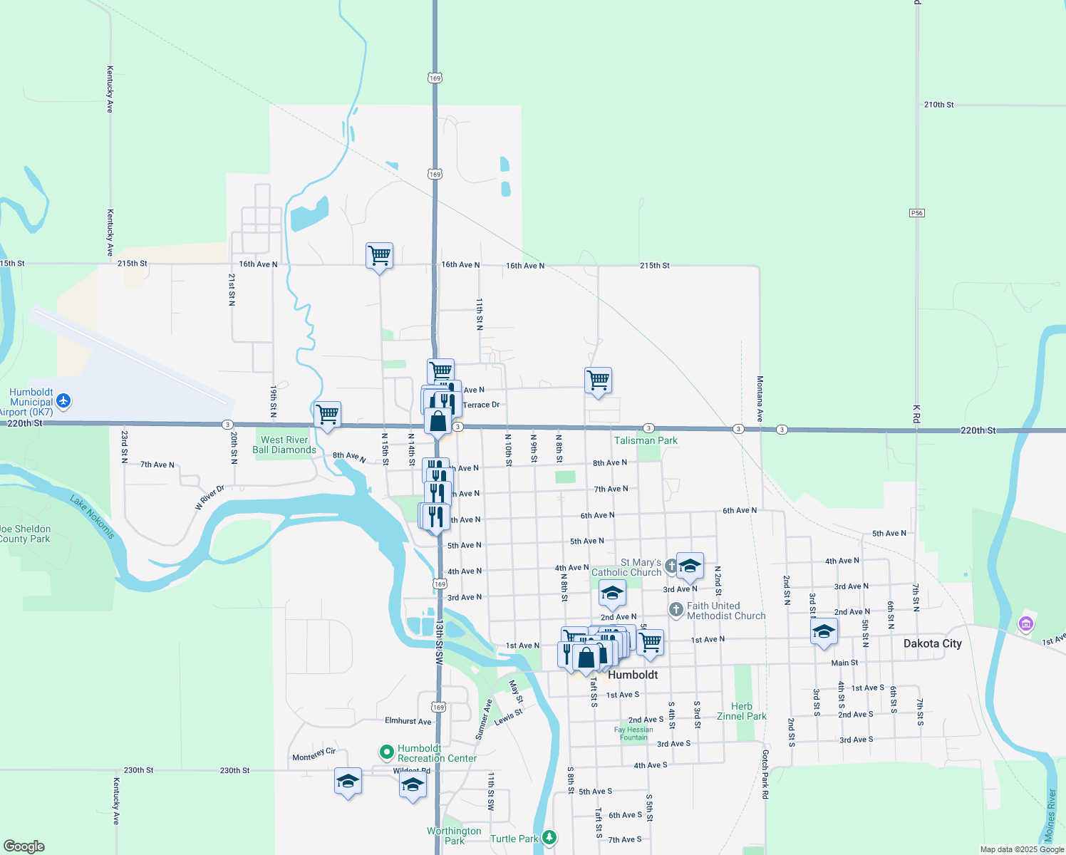 map of restaurants, bars, coffee shops, grocery stores, and more near 999 N 9th St in Humboldt