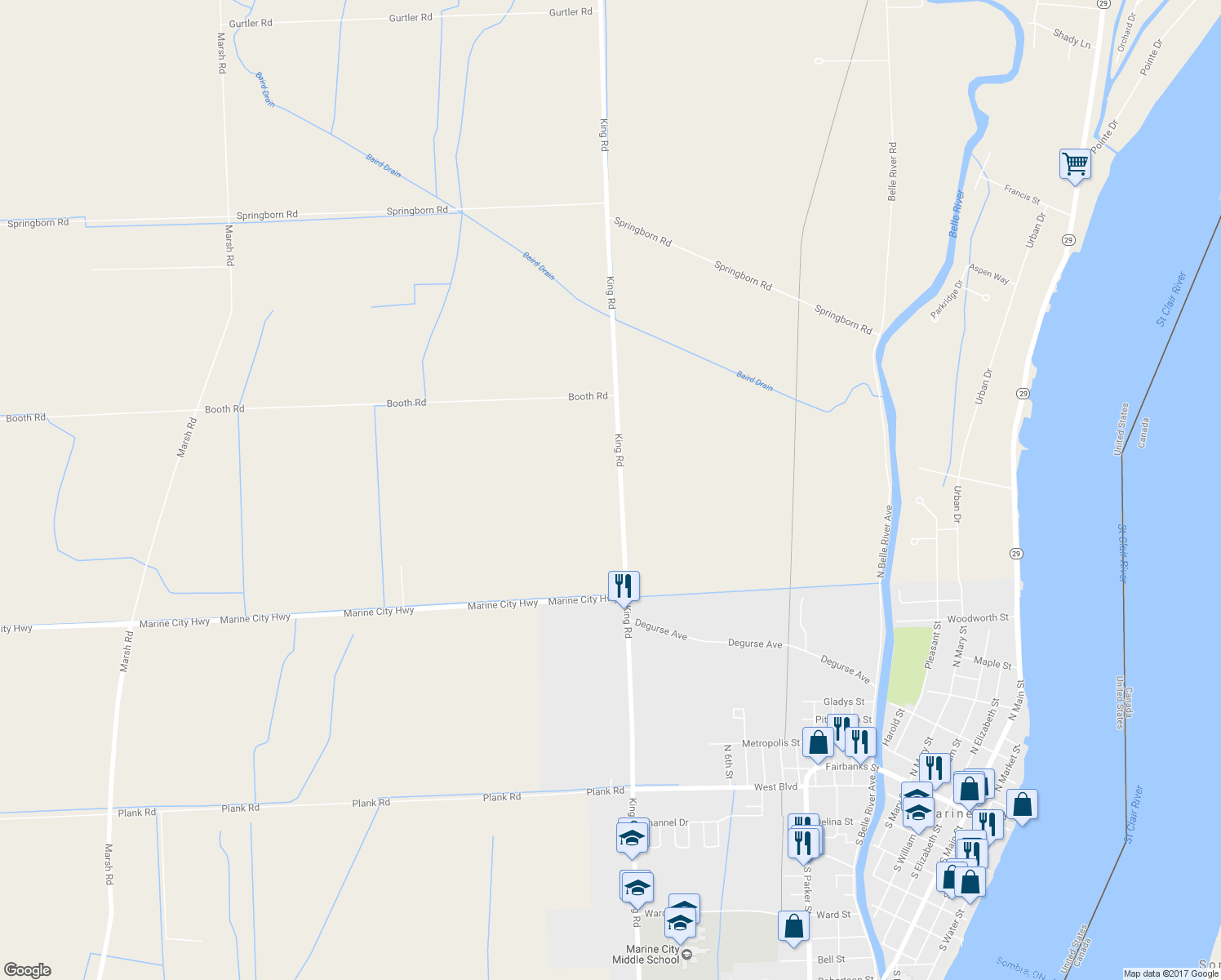 map of restaurants, bars, coffee shops, grocery stores, and more near 5882 King Road in China Township