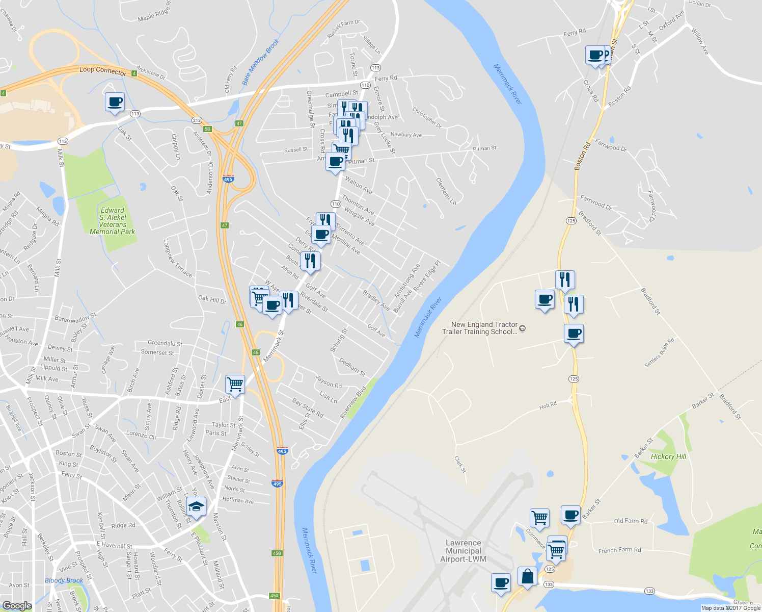 map of restaurants, bars, coffee shops, grocery stores, and more near 99 Bradley Avenue in Methuen