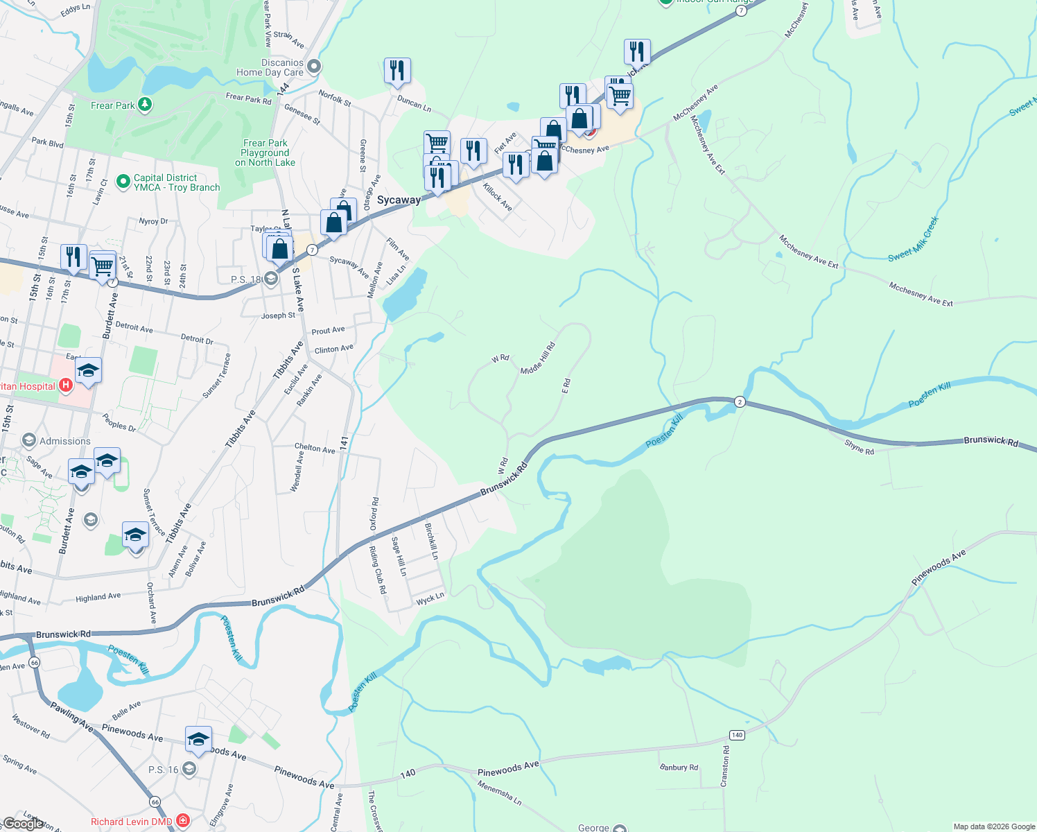 map of restaurants, bars, coffee shops, grocery stores, and more near 18 West Road in Troy