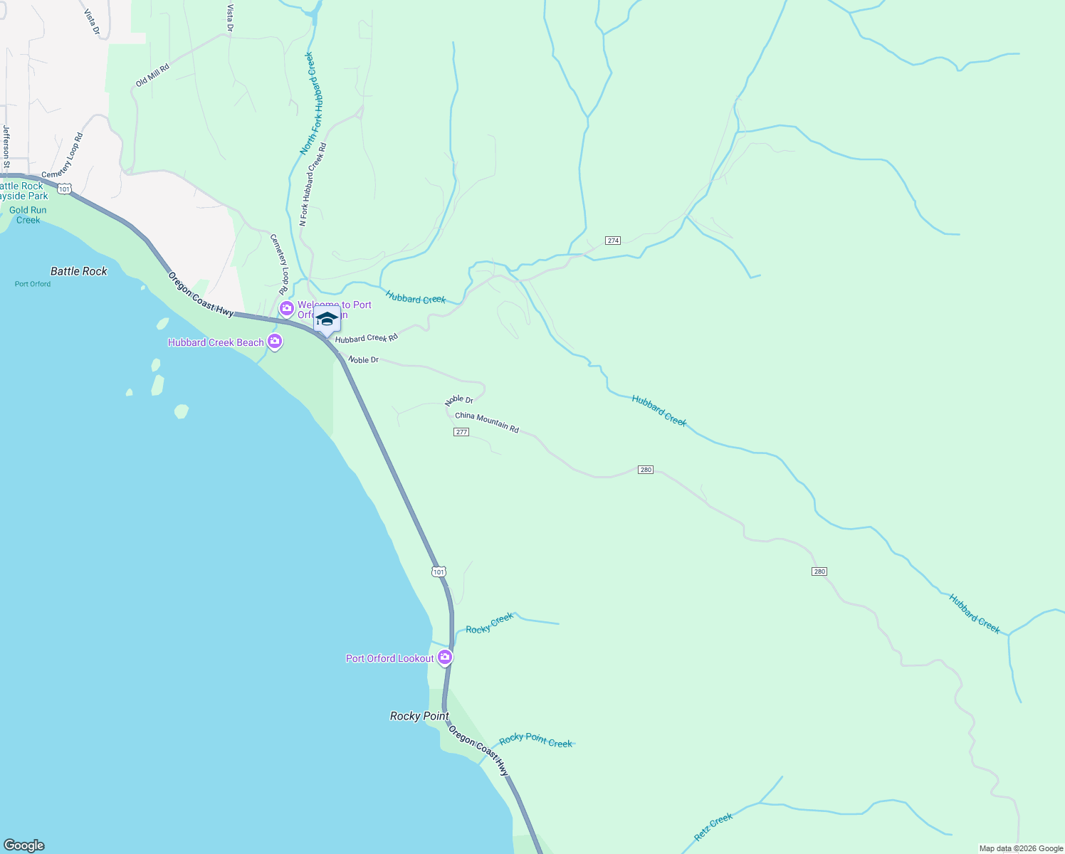 map of restaurants, bars, coffee shops, grocery stores, and more near 93612 China Mountain Road in Port Orford