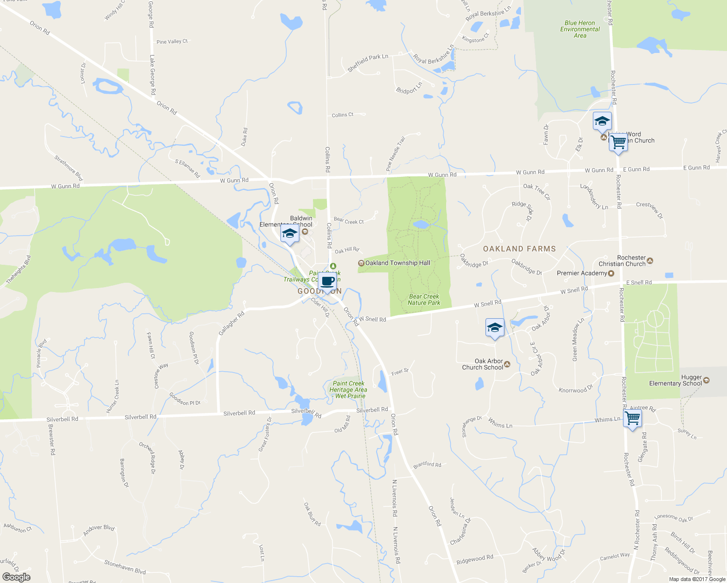 map of restaurants, bars, coffee shops, grocery stores, and more near 4535 Orion Road in Rochester