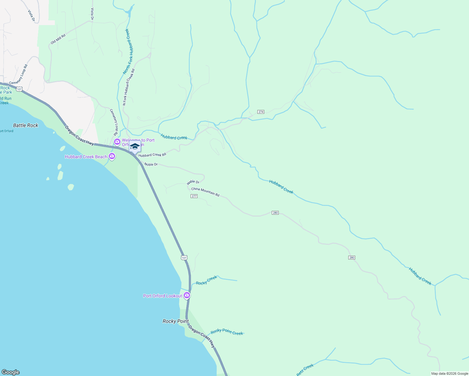 map of restaurants, bars, coffee shops, grocery stores, and more near 93612 China Mountain Road in Port Orford