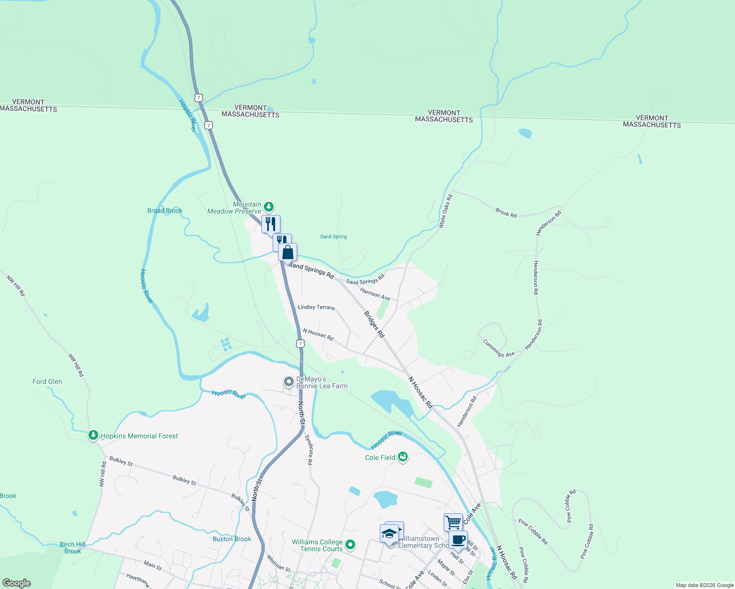 map of restaurants, bars, coffee shops, grocery stores, and more near 73 Harrison Avenue in Williamstown