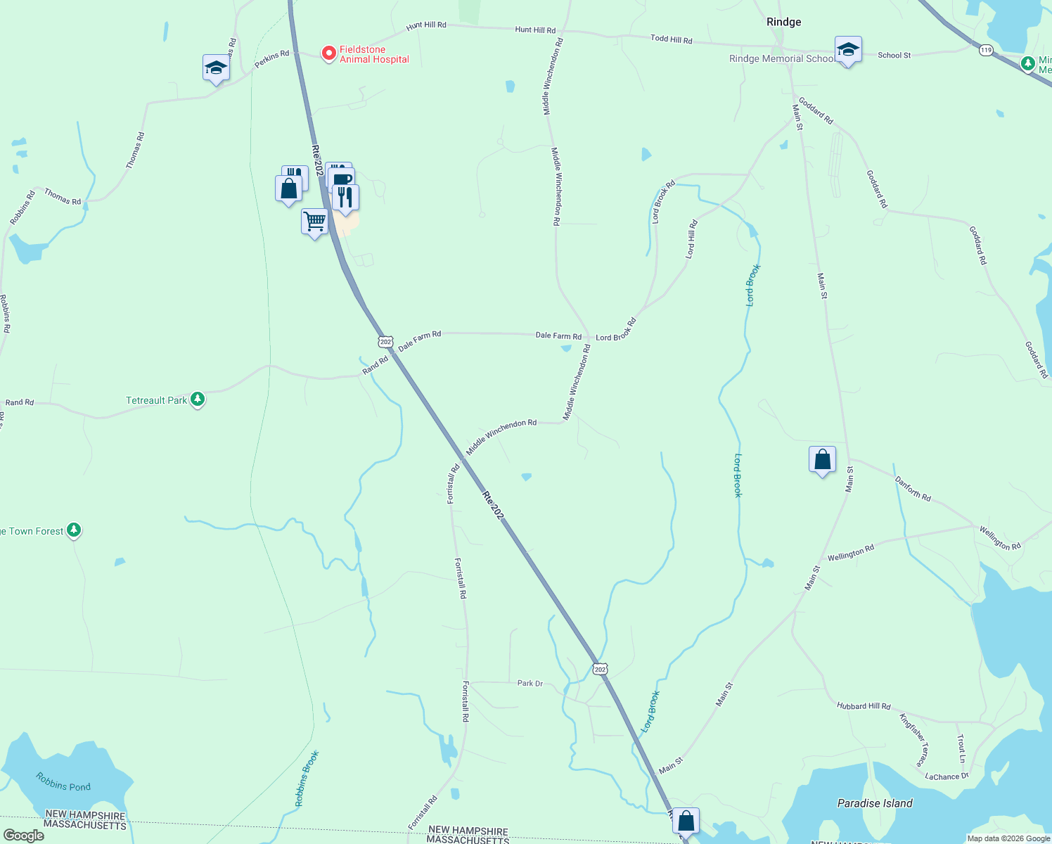 map of restaurants, bars, coffee shops, grocery stores, and more near 442 Middle Winchendon Road in Rindge