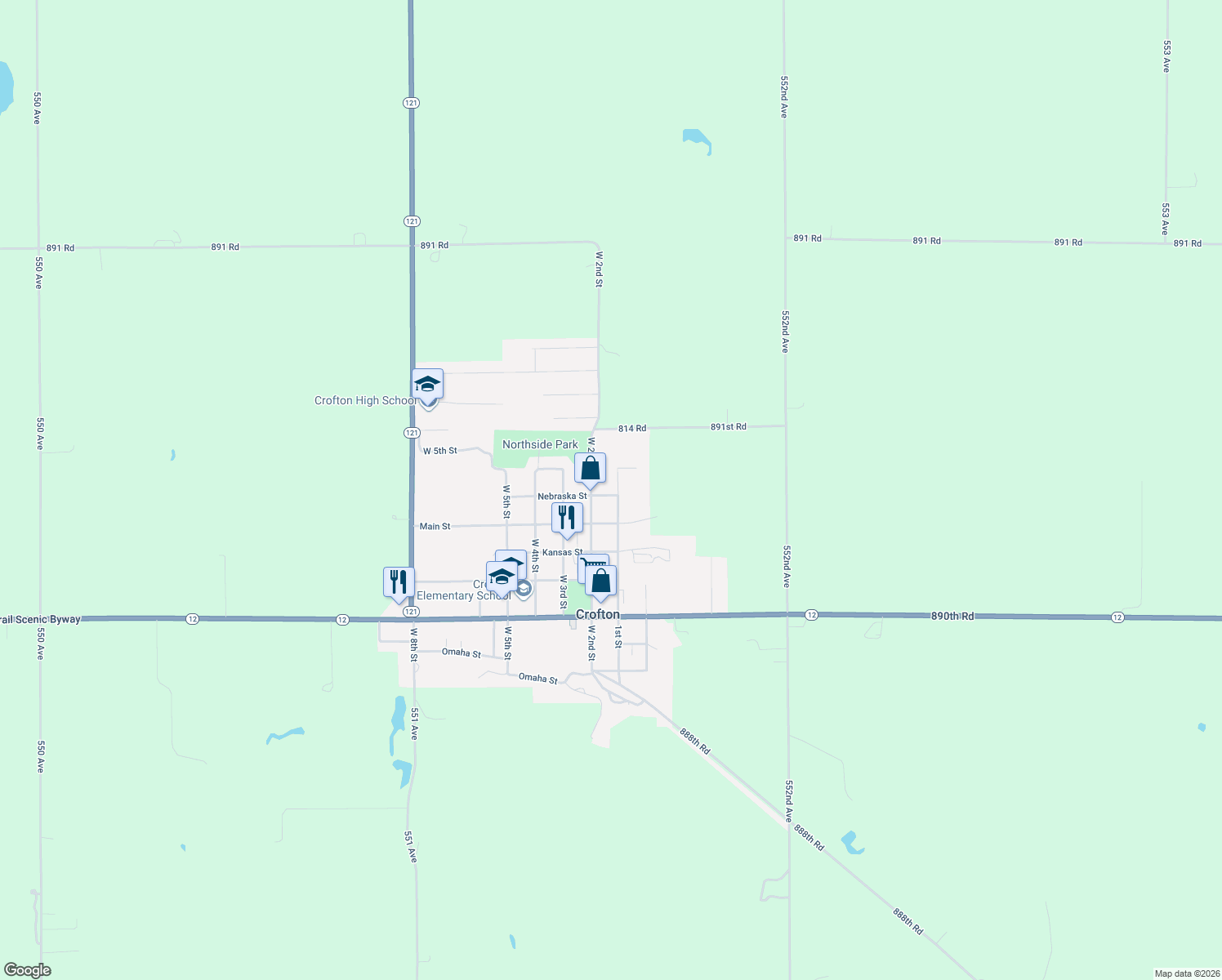 map of restaurants, bars, coffee shops, grocery stores, and more near 105 Nebraska Street in Crofton