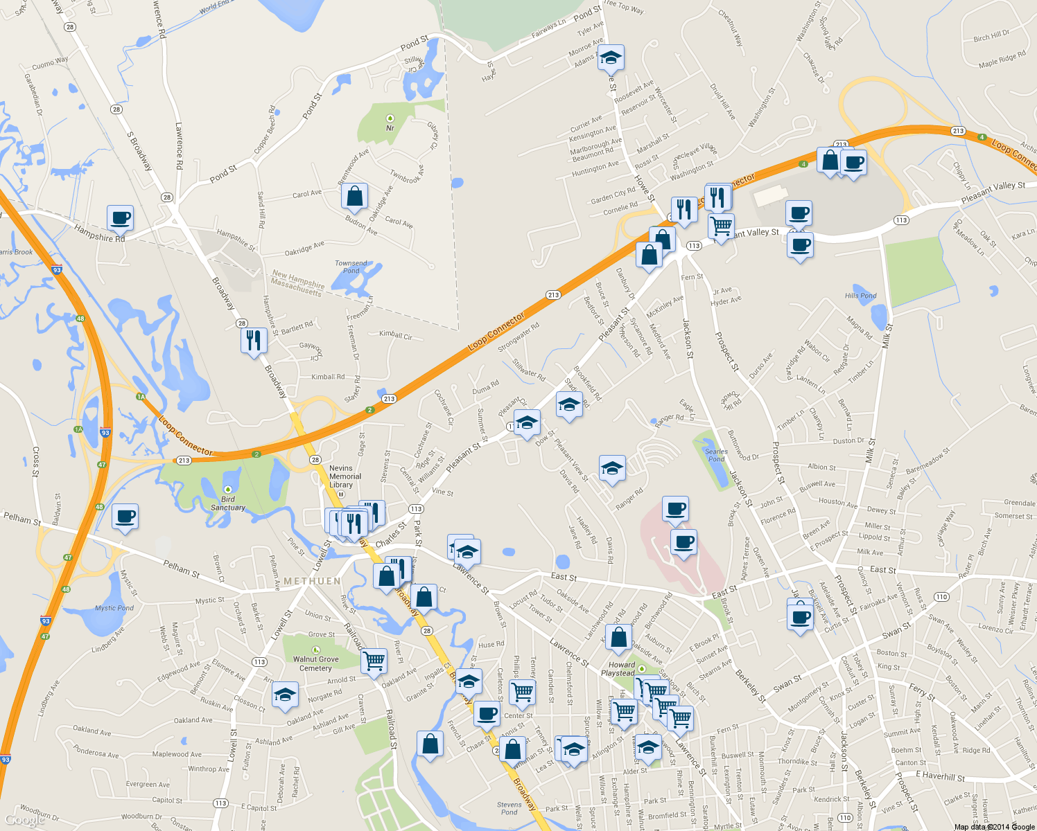 map of restaurants, bars, coffee shops, grocery stores, and more near 110 Pleasant Street in Methuen