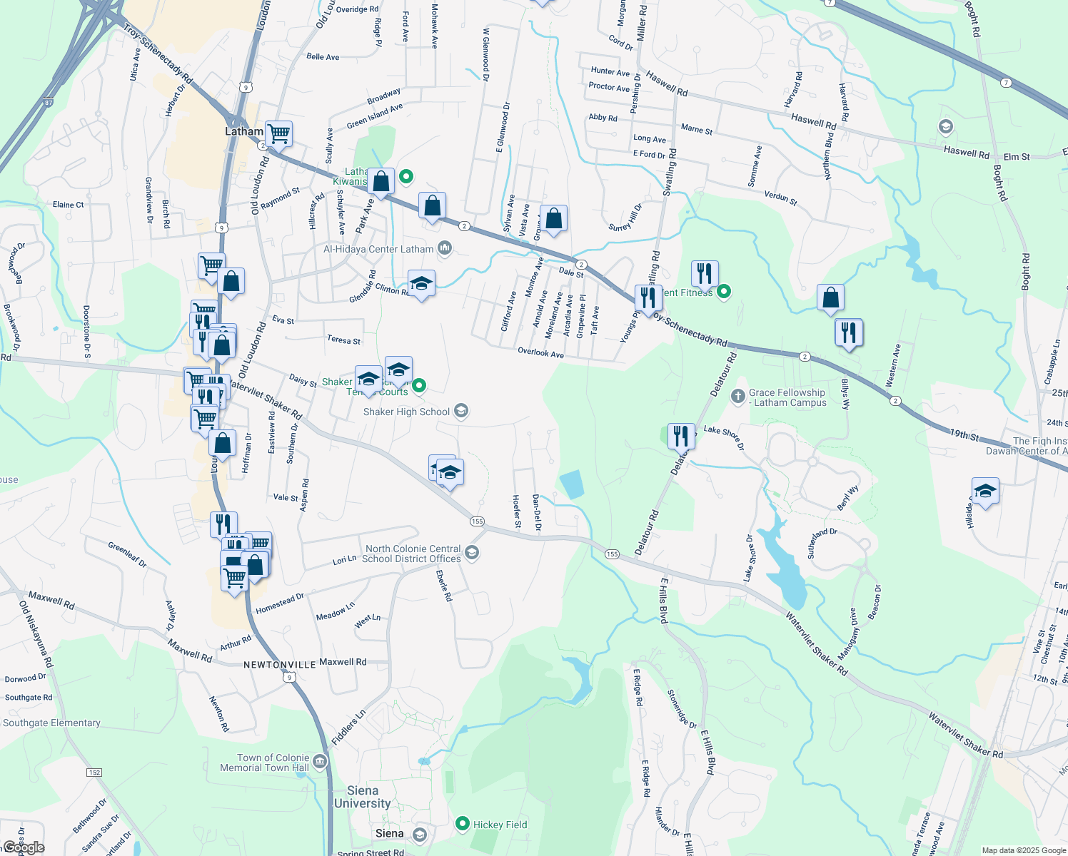 map of restaurants, bars, coffee shops, grocery stores, and more near 33 Dan-Del Drive in Latham