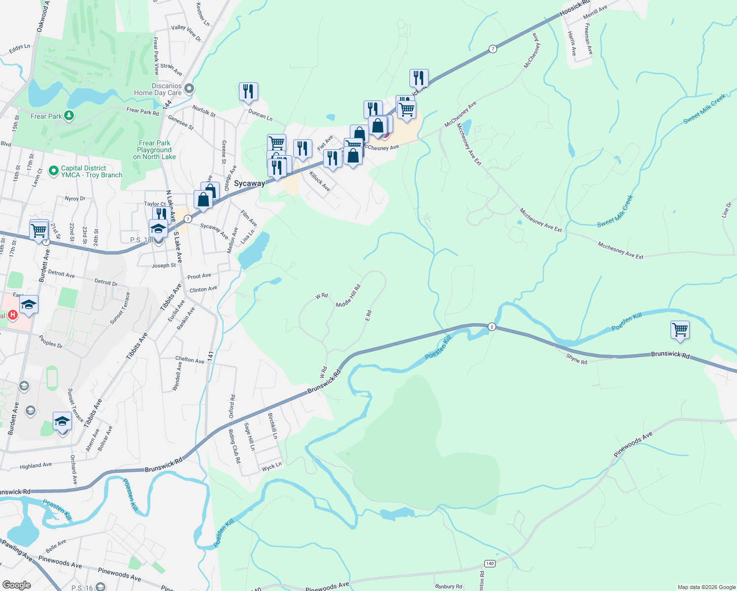 map of restaurants, bars, coffee shops, grocery stores, and more near 43 East Road in Troy