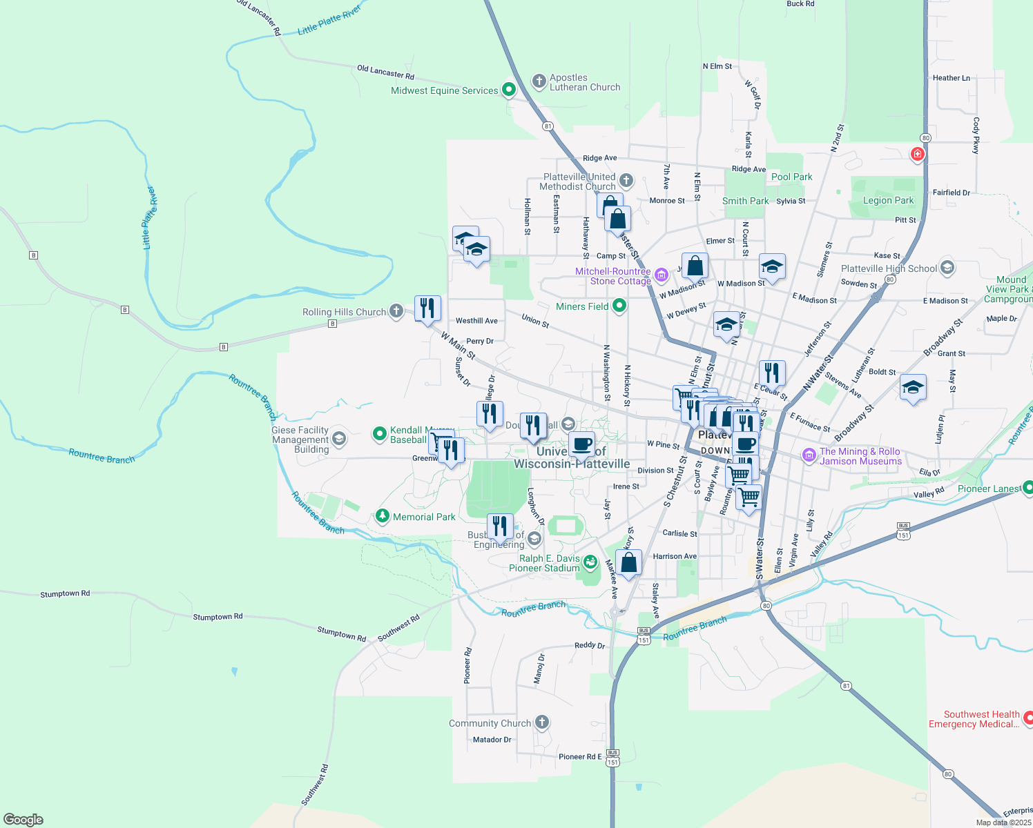 map of restaurants, bars, coffee shops, grocery stores, and more near 5 Preston Drive in Platteville
