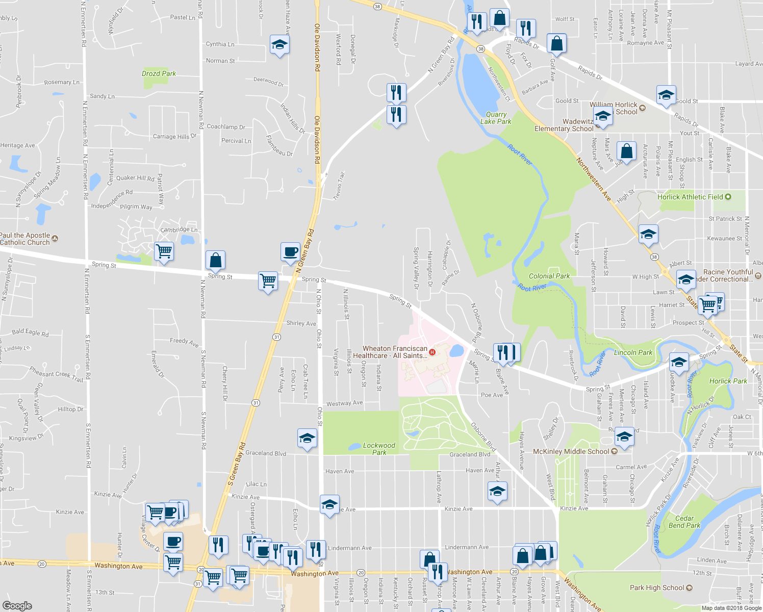 map of restaurants, bars, coffee shops, grocery stores, and more near 1223 North Indiana Street in Mount Pleasant