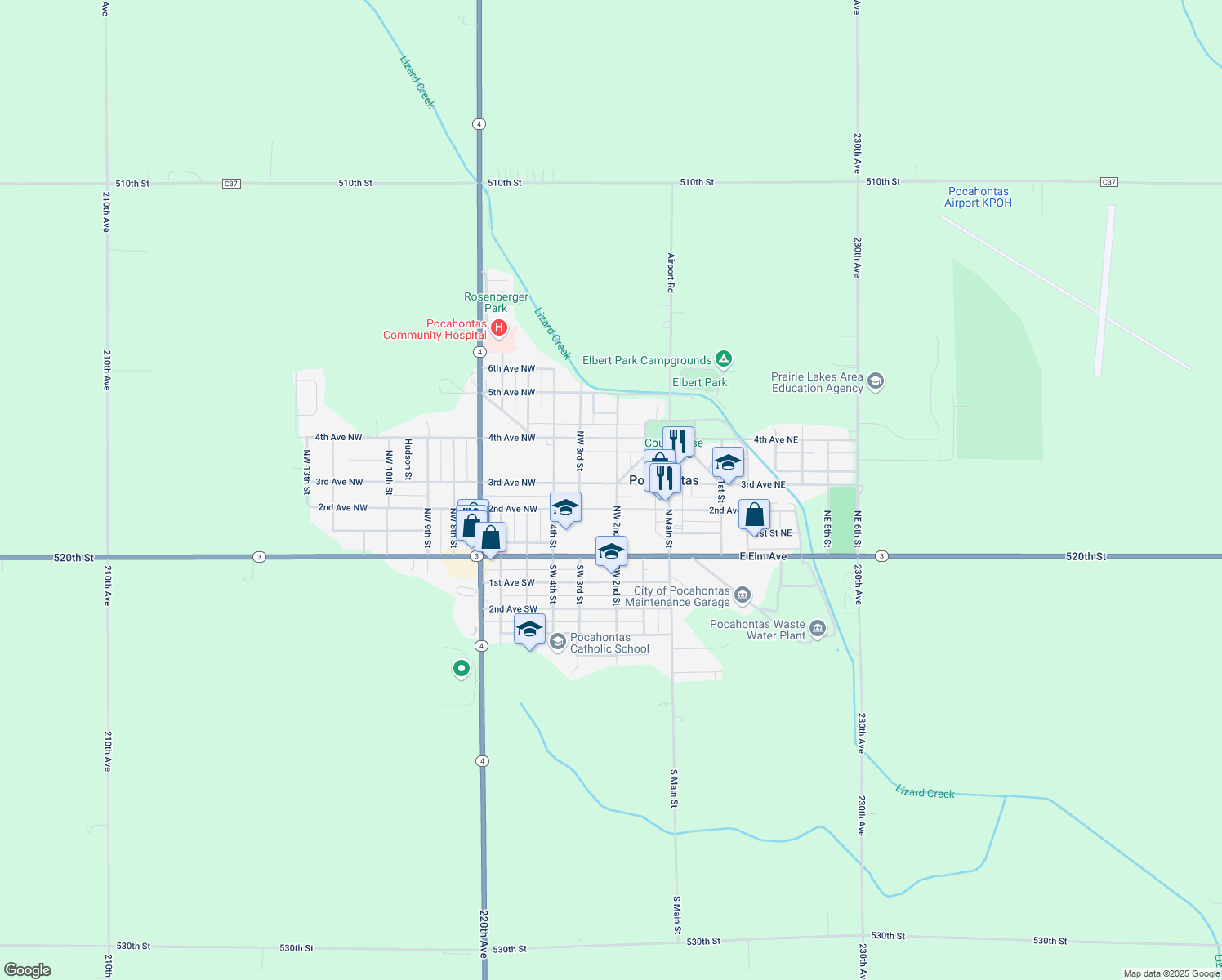map of restaurants, bars, coffee shops, grocery stores, and more near 201 3rd Avenue Northwest in Pocahontas
