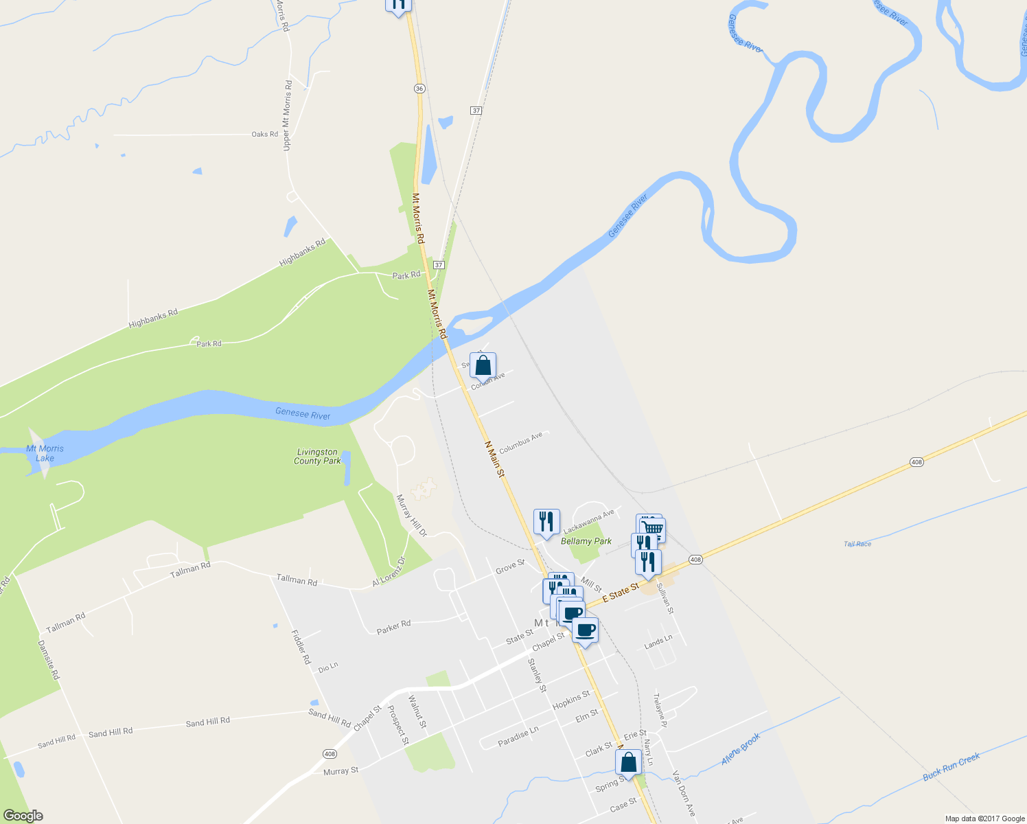 map of restaurants, bars, coffee shops, grocery stores, and more near 14 Shepard Avenue in Mount Morris