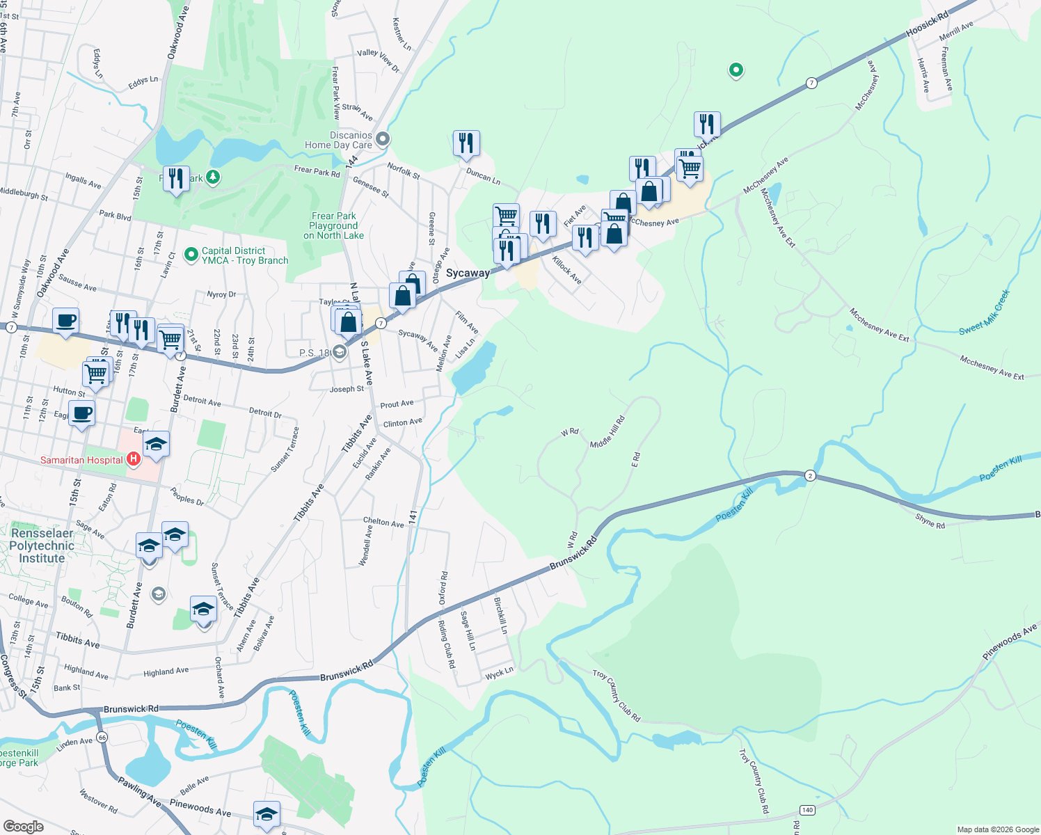map of restaurants, bars, coffee shops, grocery stores, and more near 18 Ledgestone Road in Troy