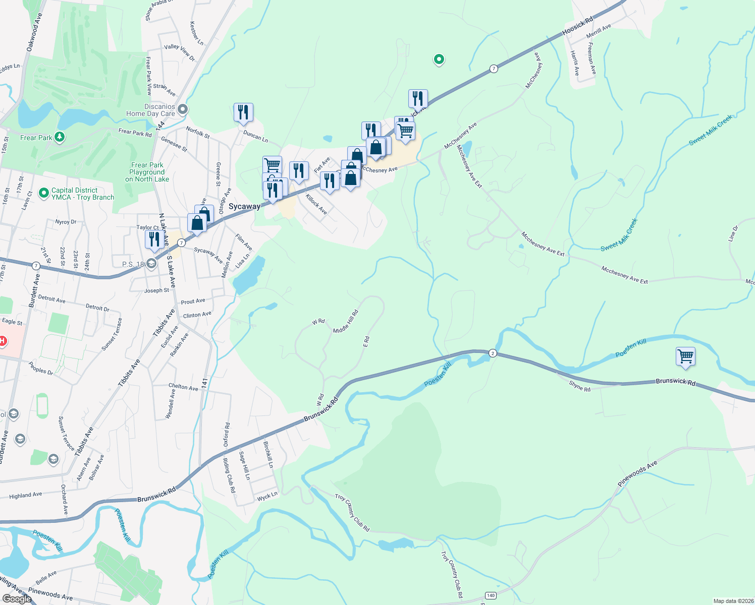 map of restaurants, bars, coffee shops, grocery stores, and more near 60 East Road in Troy