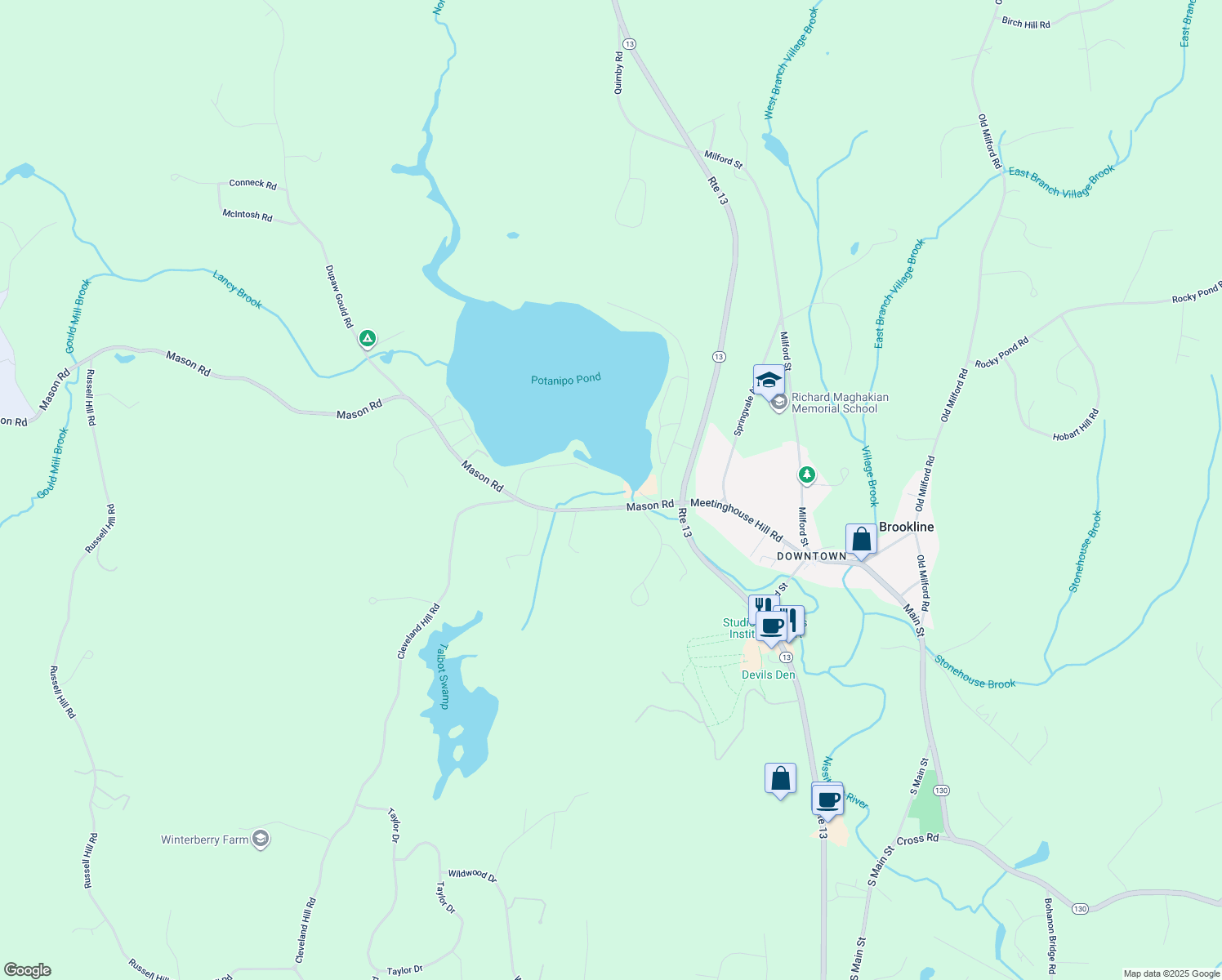 map of restaurants, bars, coffee shops, grocery stores, and more near 7 Mason Road in Brookline