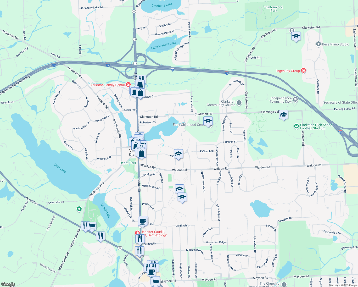 map of restaurants, bars, coffee shops, grocery stores, and more near 6510 East Washington Street in Clarkston