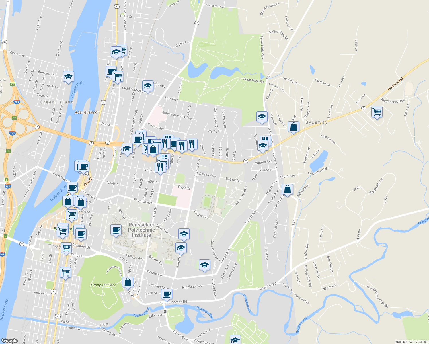 map of restaurants, bars, coffee shops, grocery stores, and more near 6 Michigan Avenue in Troy