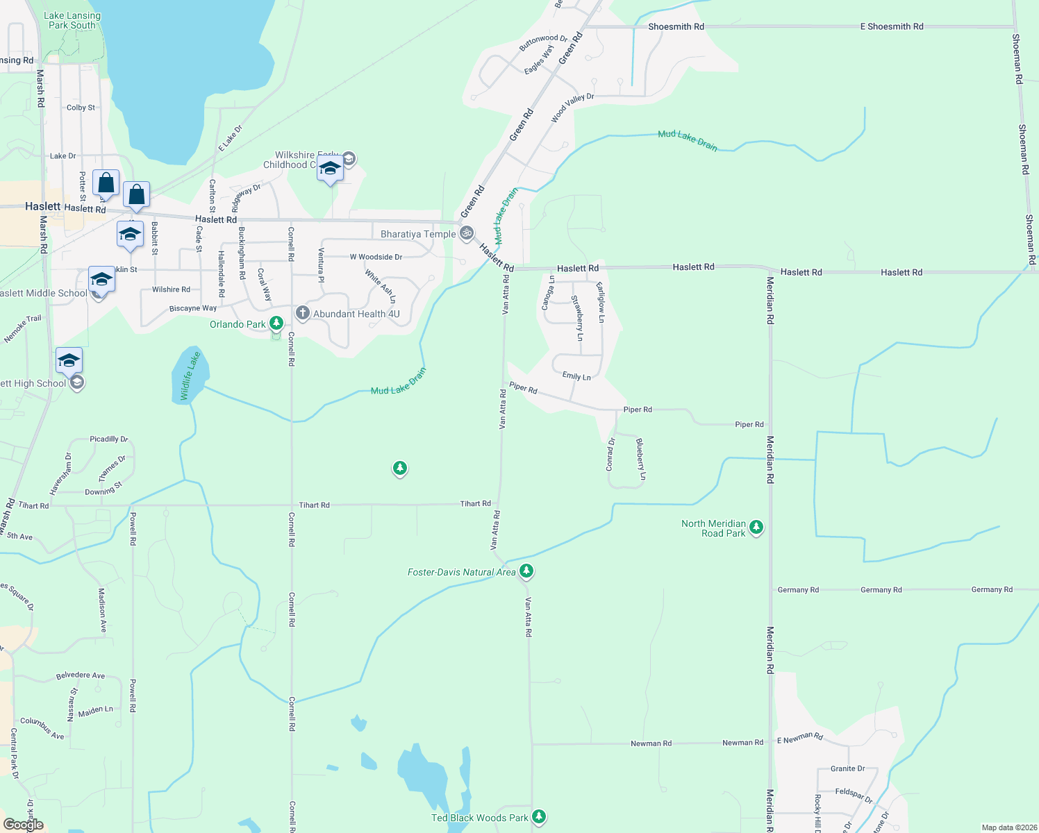 map of restaurants, bars, coffee shops, grocery stores, and more near 5396 Van Atta Rd in Okemos