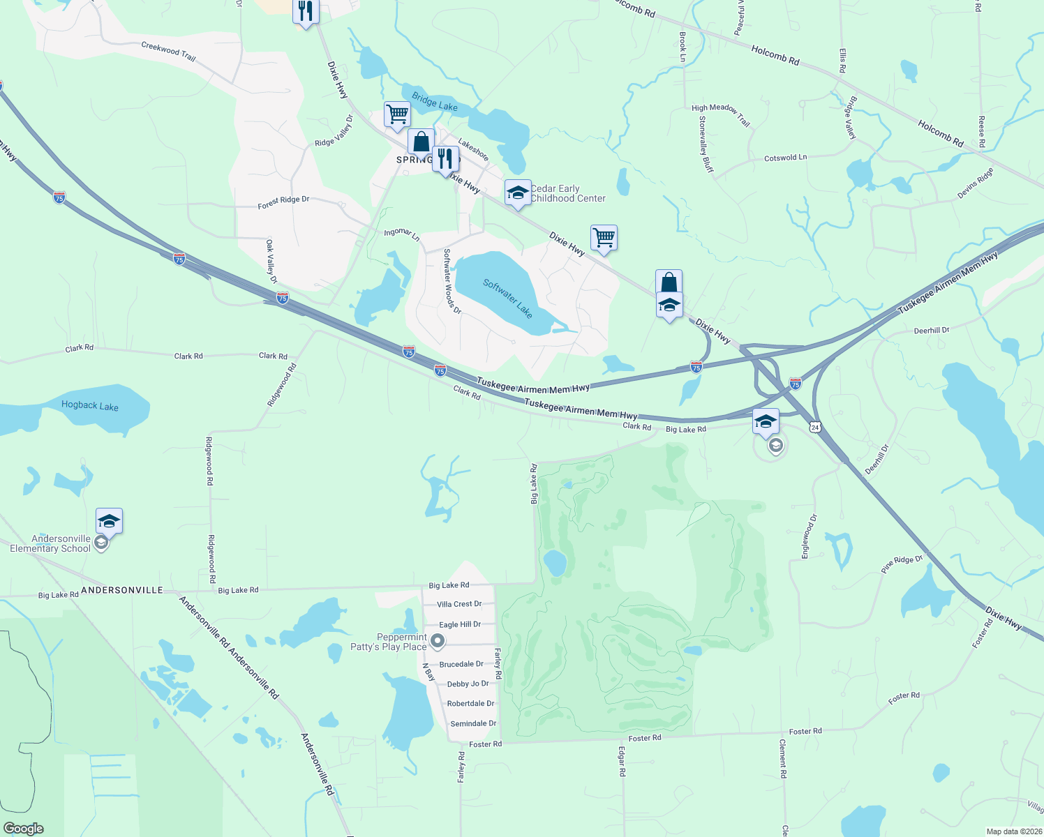 map of restaurants, bars, coffee shops, grocery stores, and more near 8841 Clark Rd in Clarkston