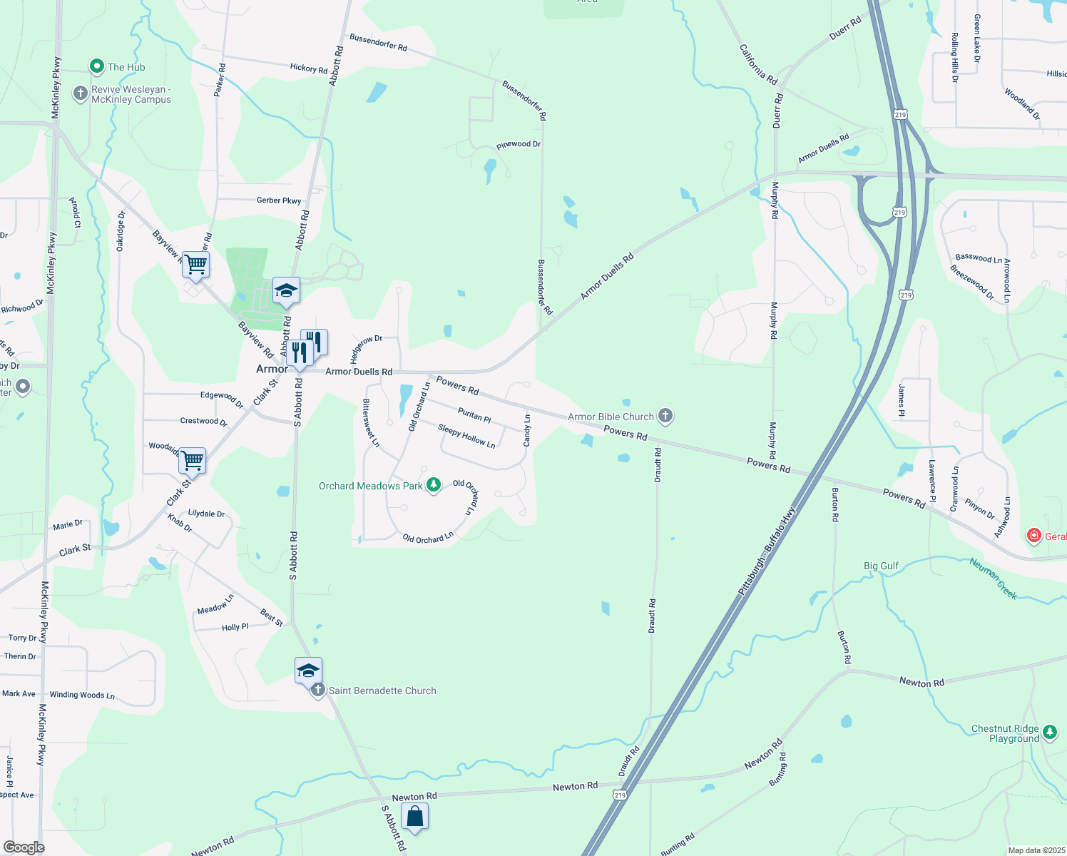 map of restaurants, bars, coffee shops, grocery stores, and more near 5 Candy Ln in Orchard Park