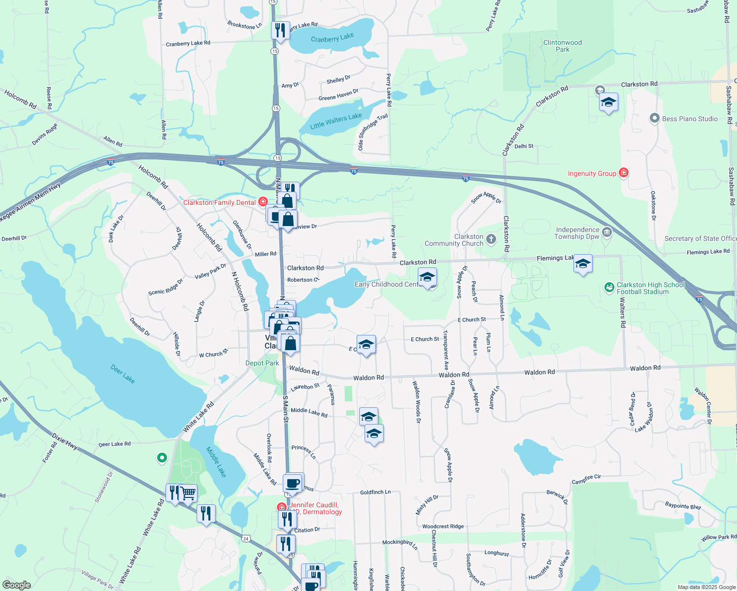 map of restaurants, bars, coffee shops, grocery stores, and more near 6757 Park Lake Drive in Clarkston