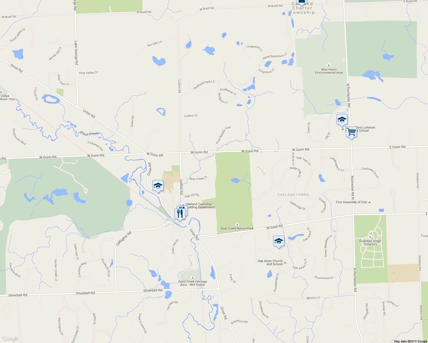 map of restaurants, bars, coffee shops, grocery stores, and more near 930 Bear Creek Ct in Rochester