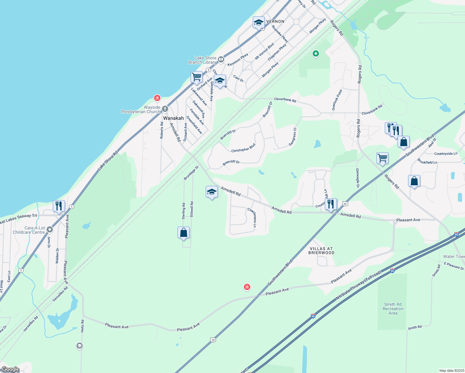 map of restaurants, bars, coffee shops, grocery stores, and more near 2786 Amsdell Road in Hamburg