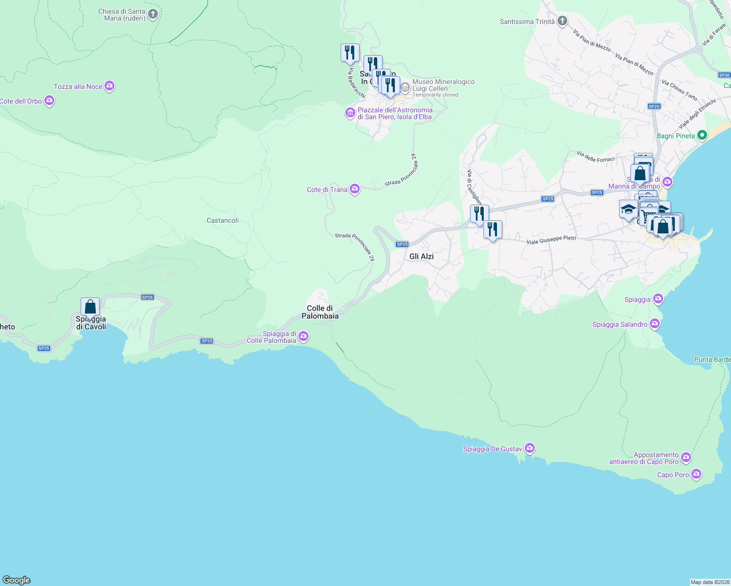 map of restaurants, bars, coffee shops, grocery stores, and more near 2421 Via della Costa in Gli Alzi