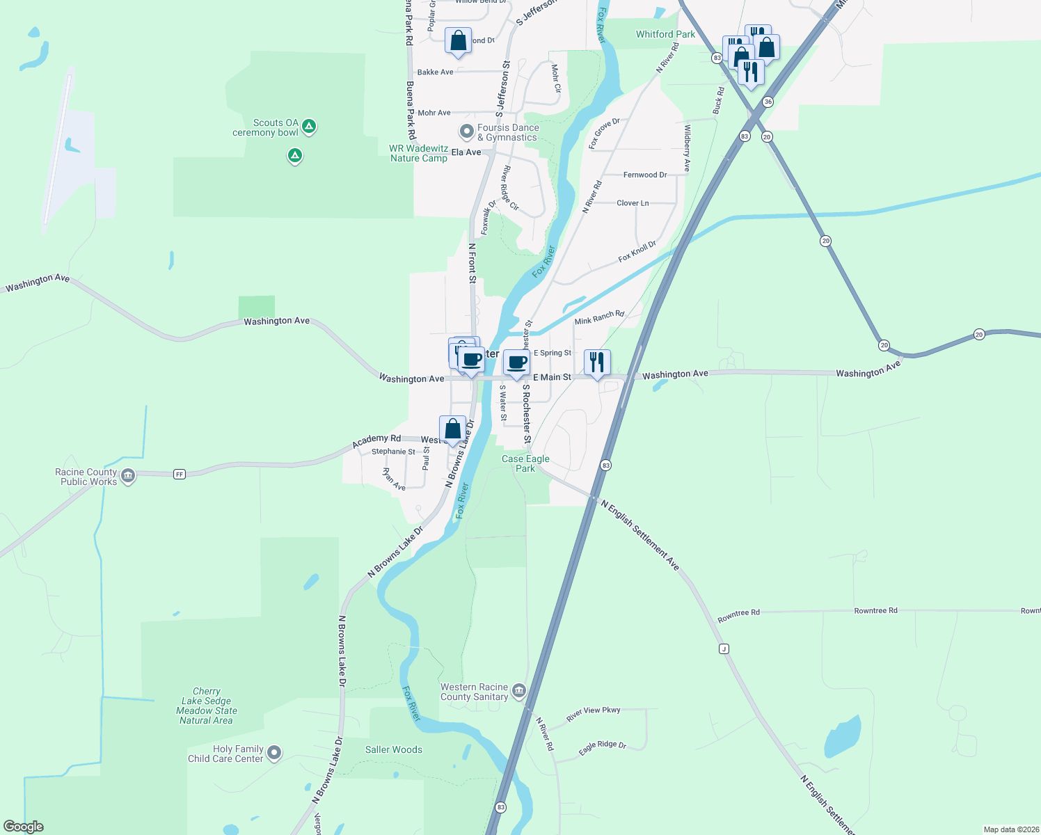 map of restaurants, bars, coffee shops, grocery stores, and more near 206 S Rochester St in Burlington