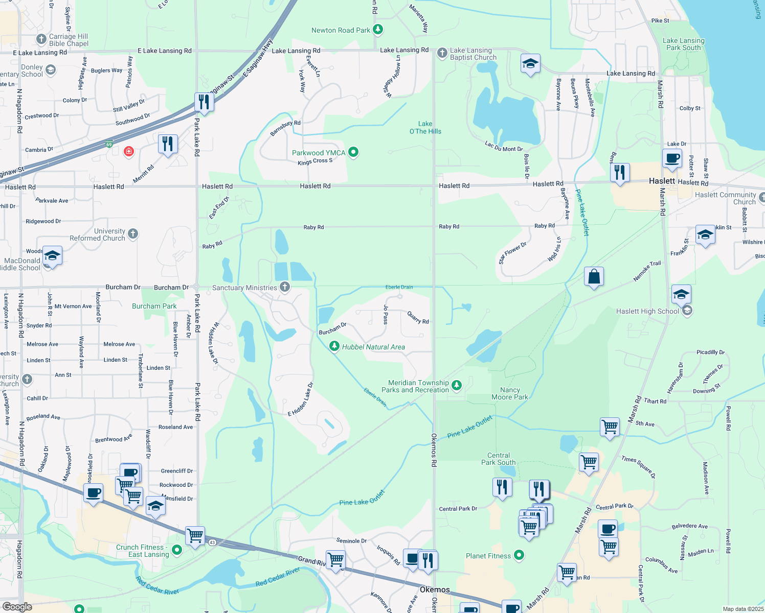 map of restaurants, bars, coffee shops, grocery stores, and more near 2190 Quarry Road in East Lansing