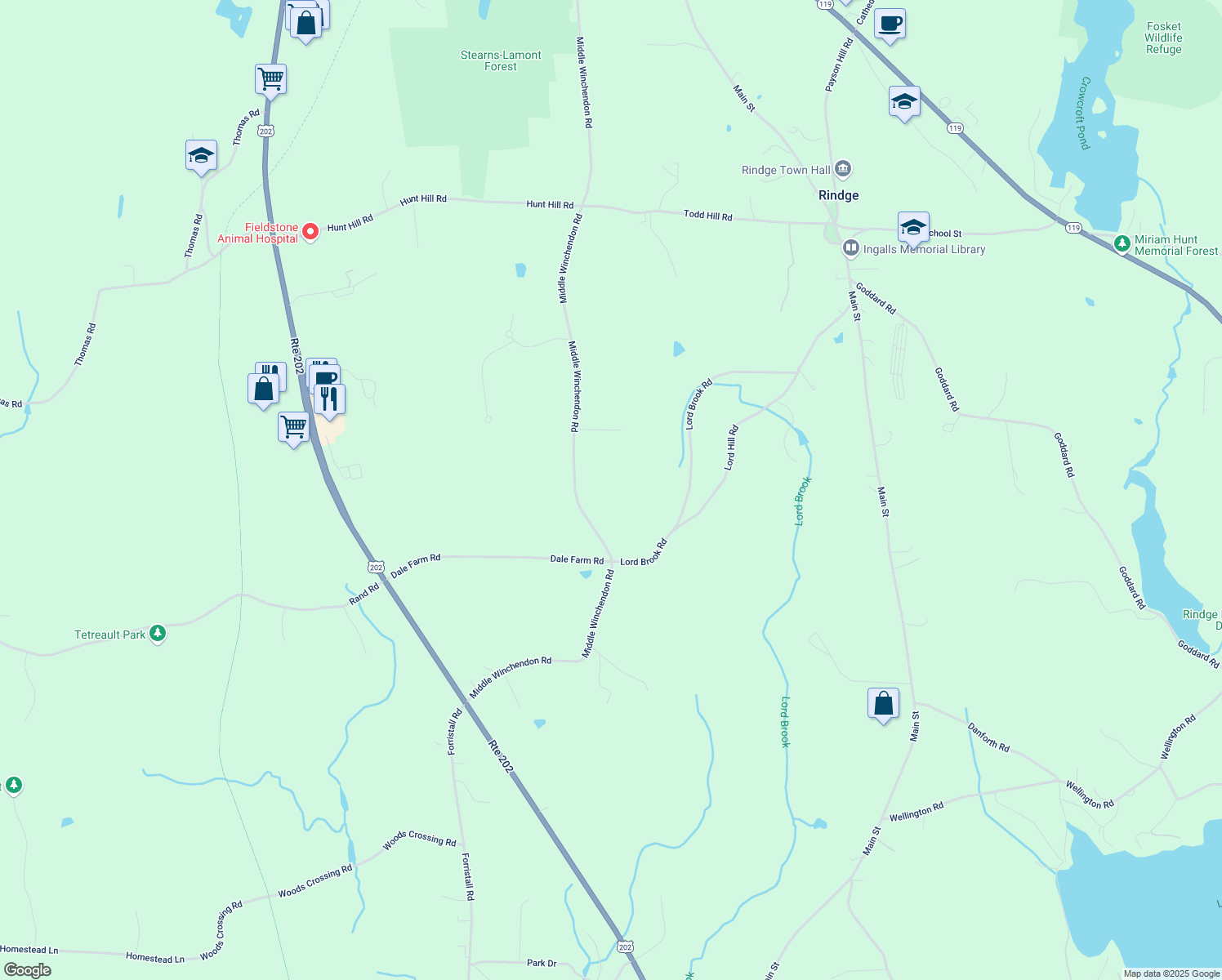 map of restaurants, bars, coffee shops, grocery stores, and more near 16 Windswept Drive in Rindge