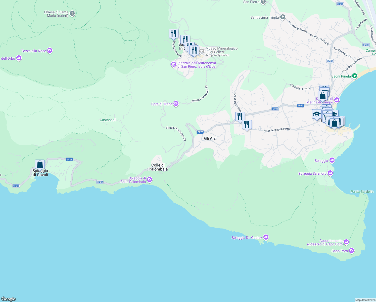 map of restaurants, bars, coffee shops, grocery stores, and more near 2421 Via della Costa in Gli Alzi