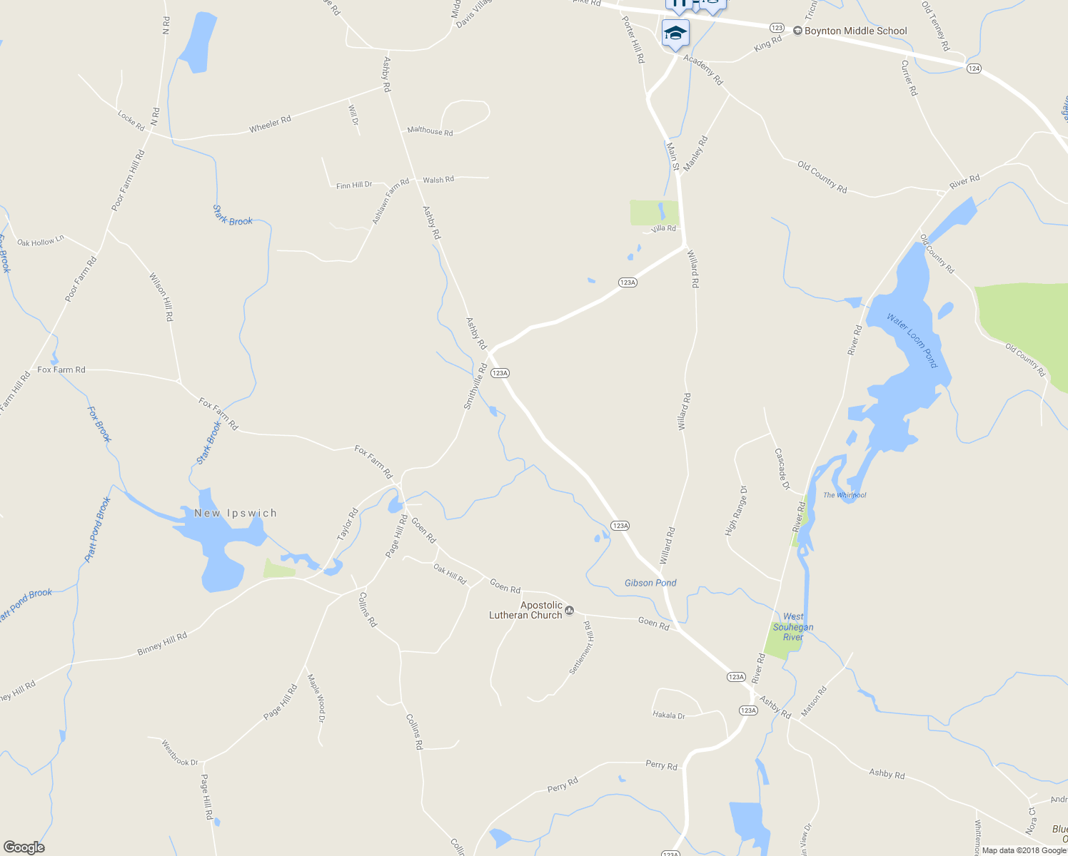 map of restaurants, bars, coffee shops, grocery stores, and more near 263 Ashby Road in New Ipswich