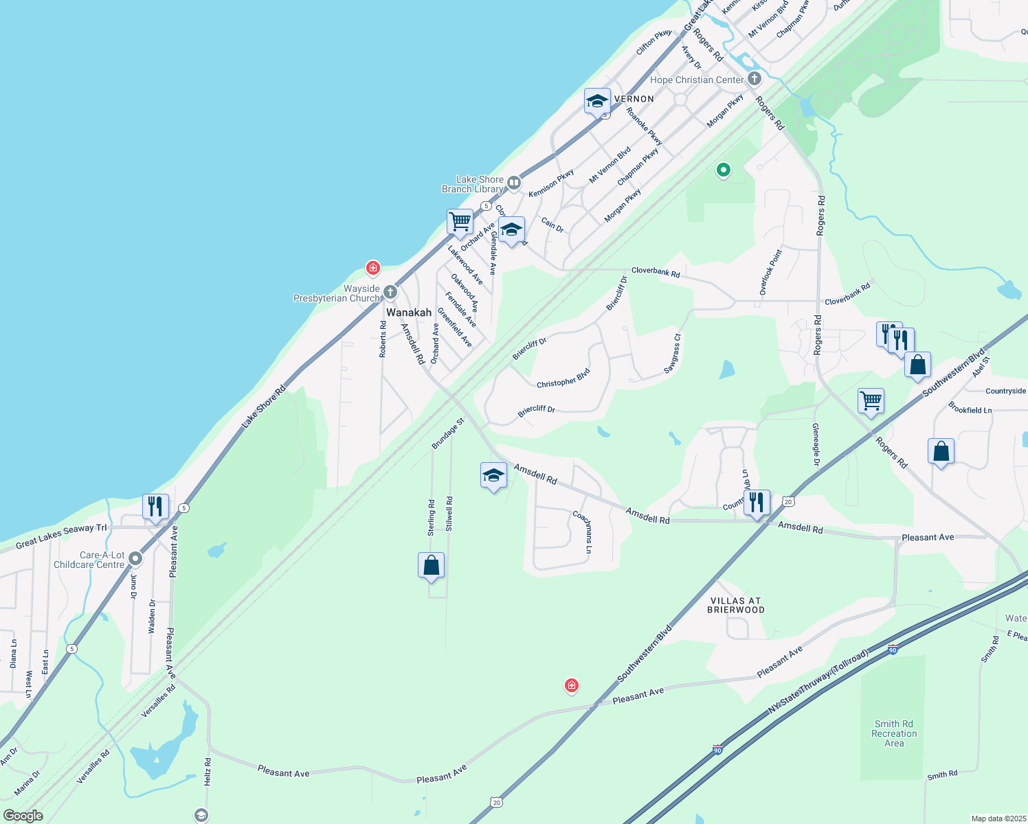 map of restaurants, bars, coffee shops, grocery stores, and more near 5285 Briercliff Dr in Hamburg