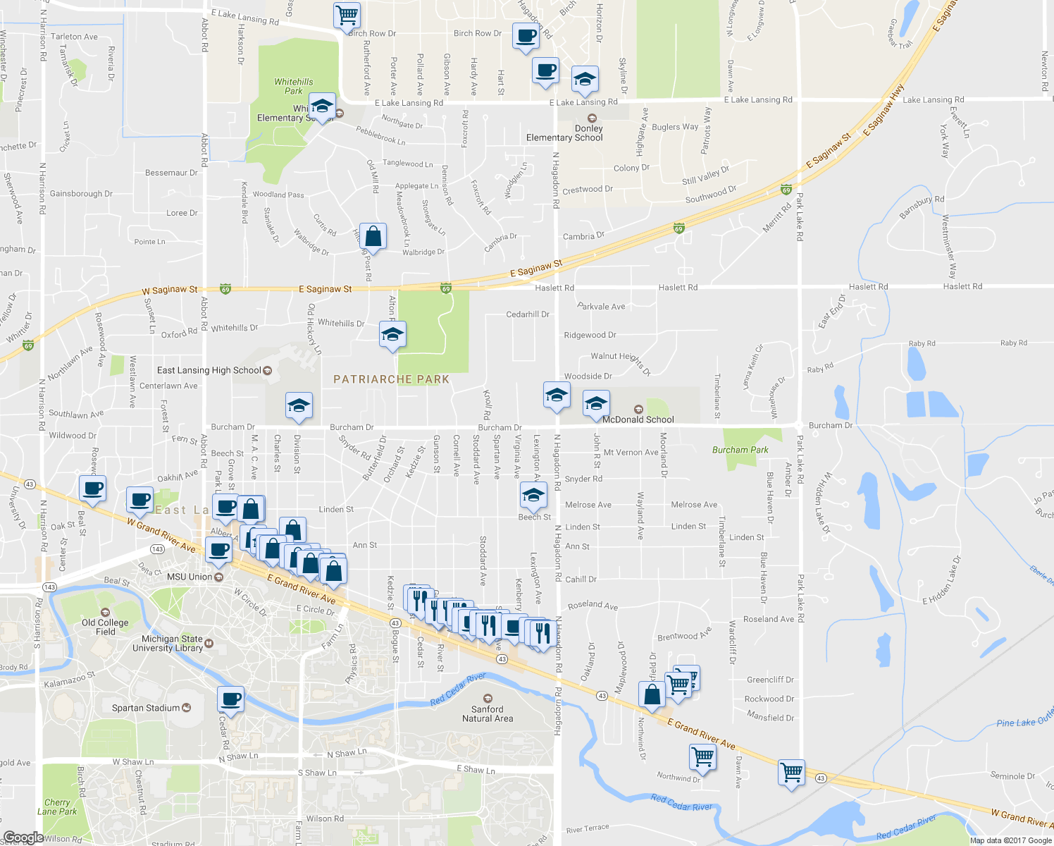 map of restaurants, bars, coffee shops, grocery stores, and more near 1363 Burcham Drive in East Lansing