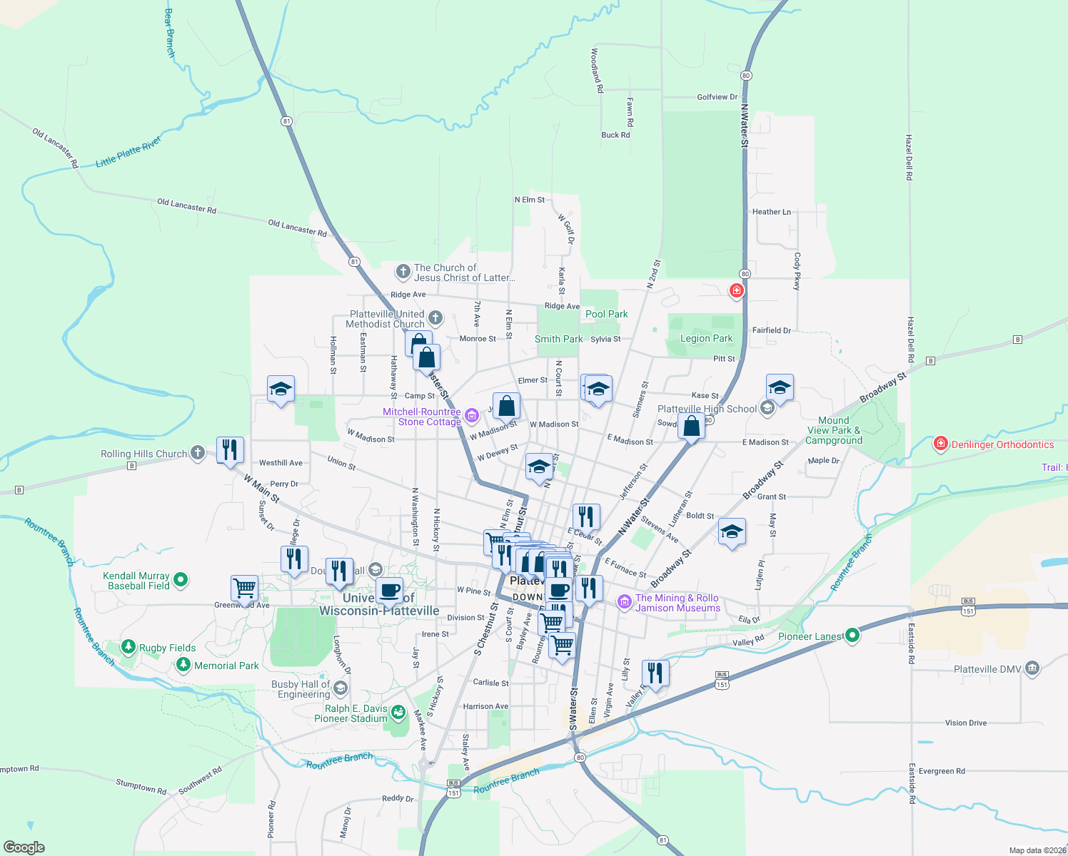 map of restaurants, bars, coffee shops, grocery stores, and more near 245 West Madison Street in Platteville
