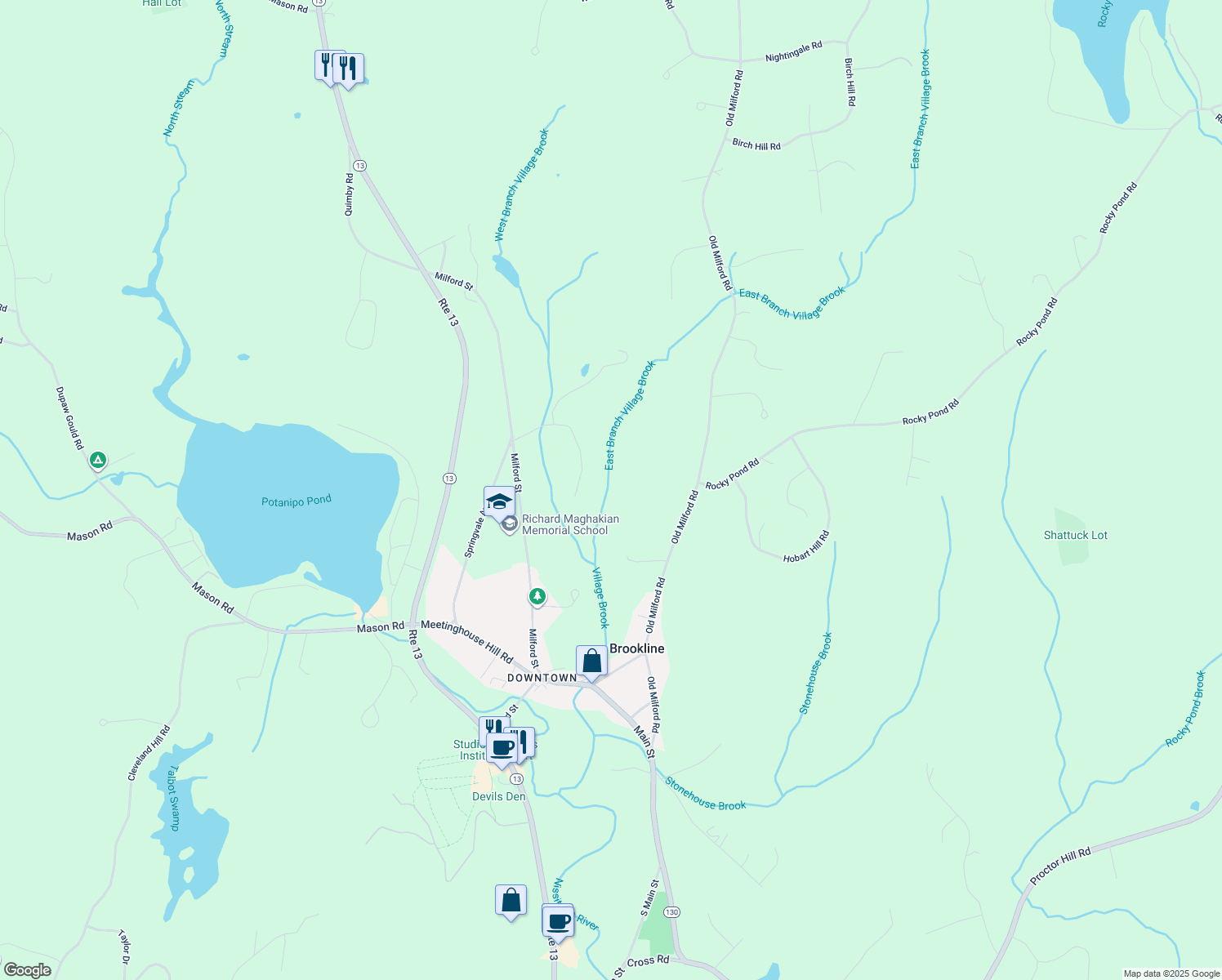 map of restaurants, bars, coffee shops, grocery stores, and more near 18 Austin Road in Brookline