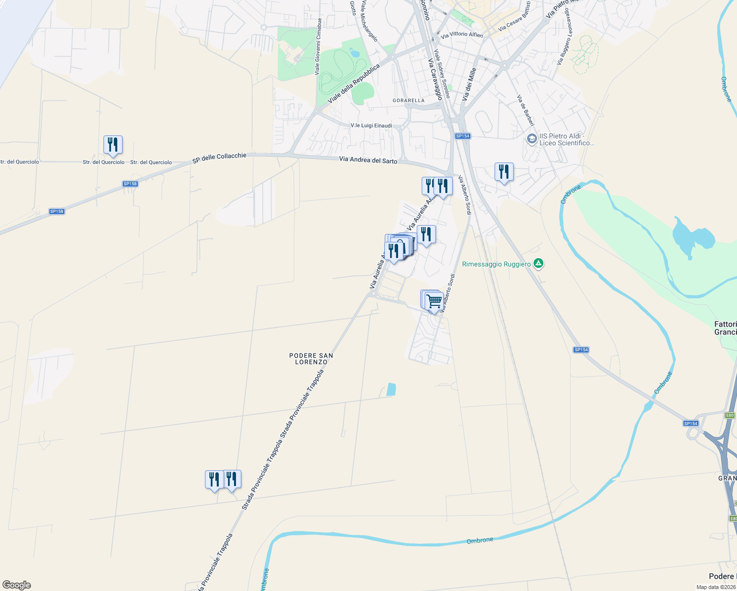map of restaurants, bars, coffee shops, grocery stores, and more near 48 Via Aurelia Antica in Grosseto