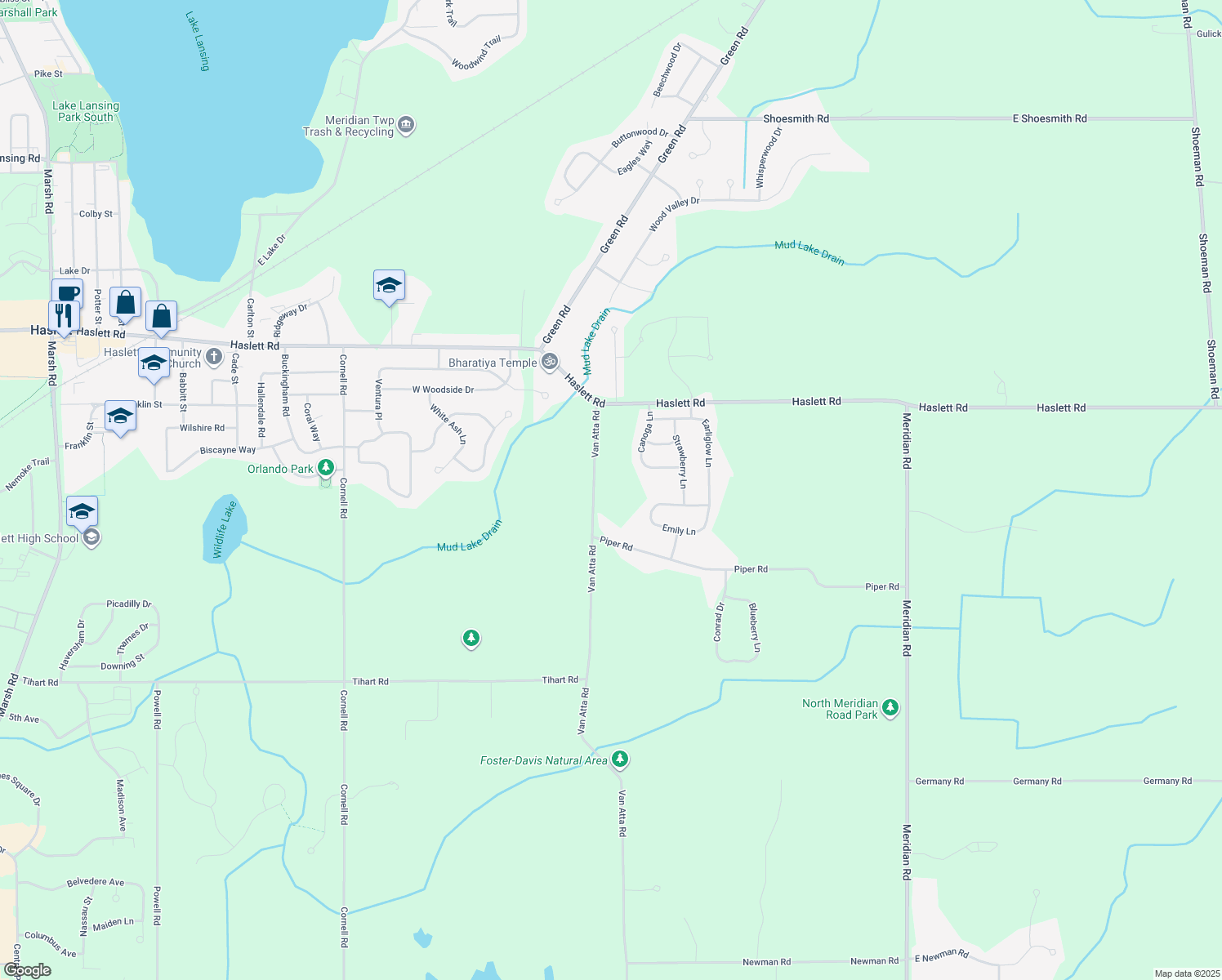 map of restaurants, bars, coffee shops, grocery stores, and more near 5488 Van Atta Road in Meridian Charter Township