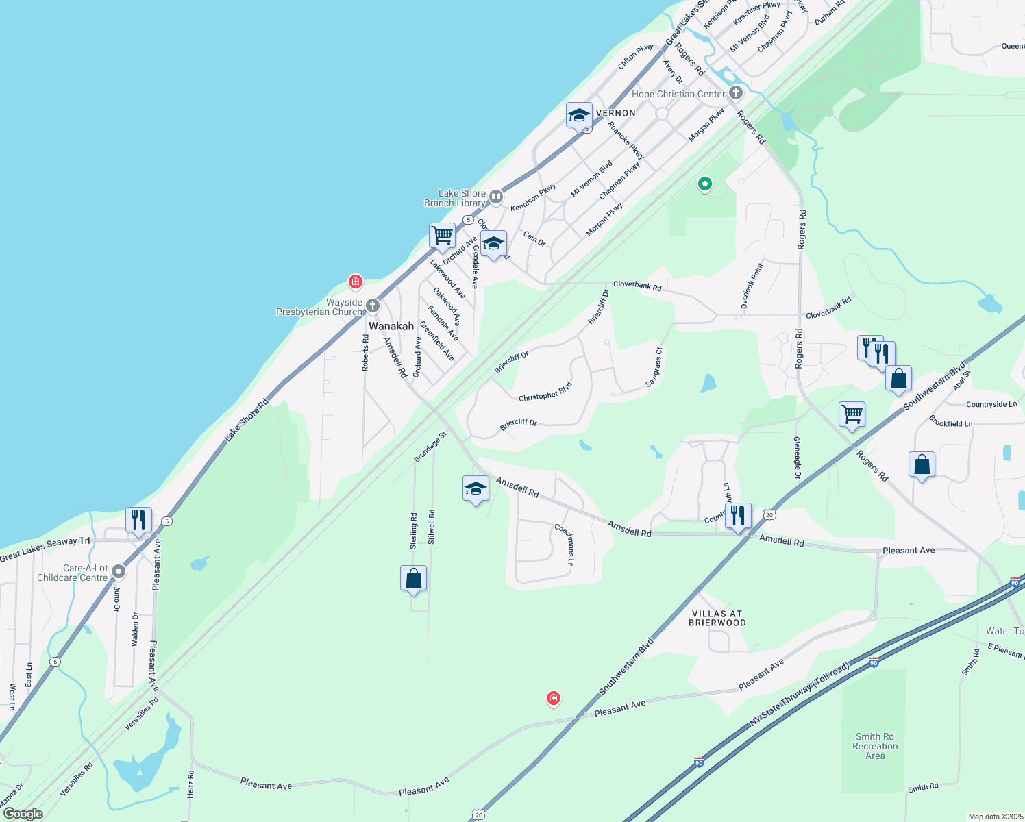 map of restaurants, bars, coffee shops, grocery stores, and more near 5295 Briercliff Drive in Hamburg