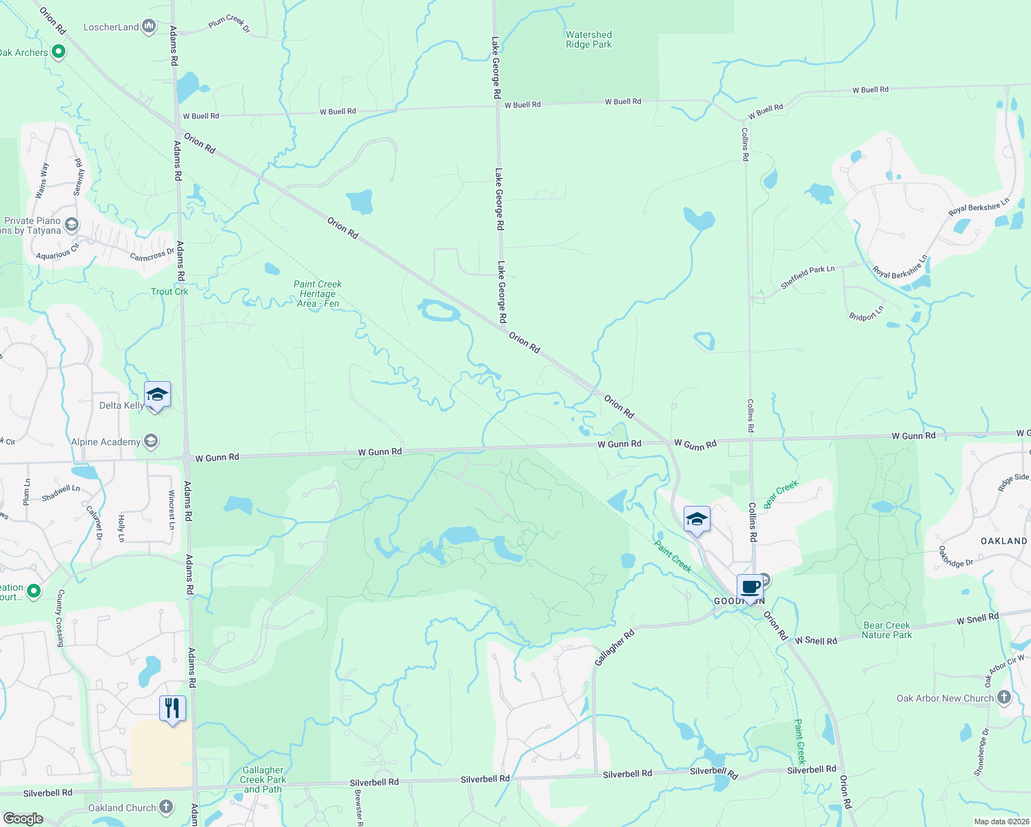 map of restaurants, bars, coffee shops, grocery stores, and more near 3750 Orion Road in Oakland Charter Township