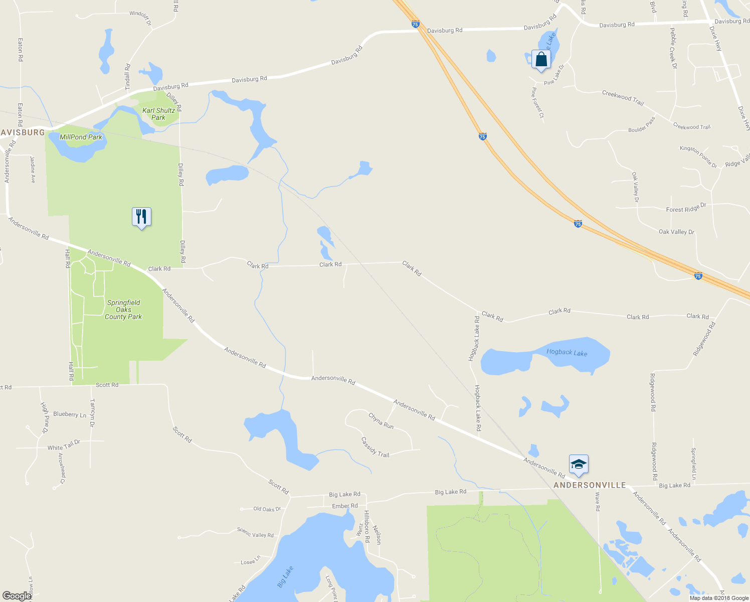 map of restaurants, bars, coffee shops, grocery stores, and more near 11401 Clark Road in Oakland County