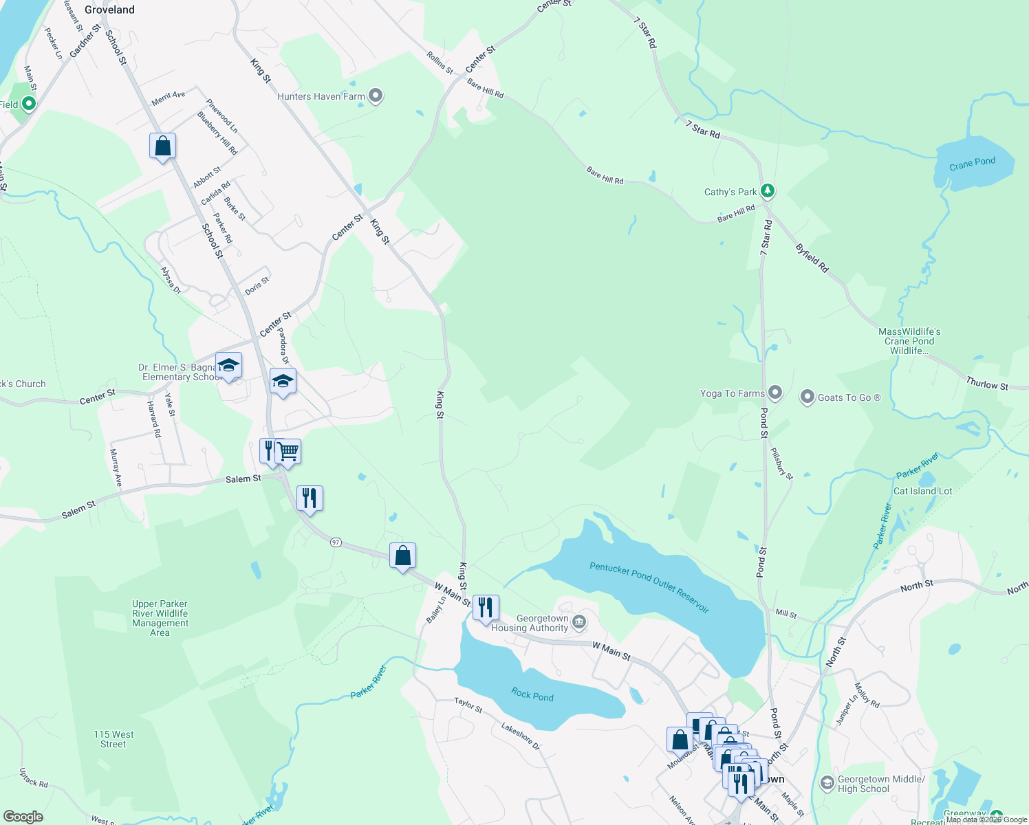 map of restaurants, bars, coffee shops, grocery stores, and more near 10 Evergreen Ln in Groveland