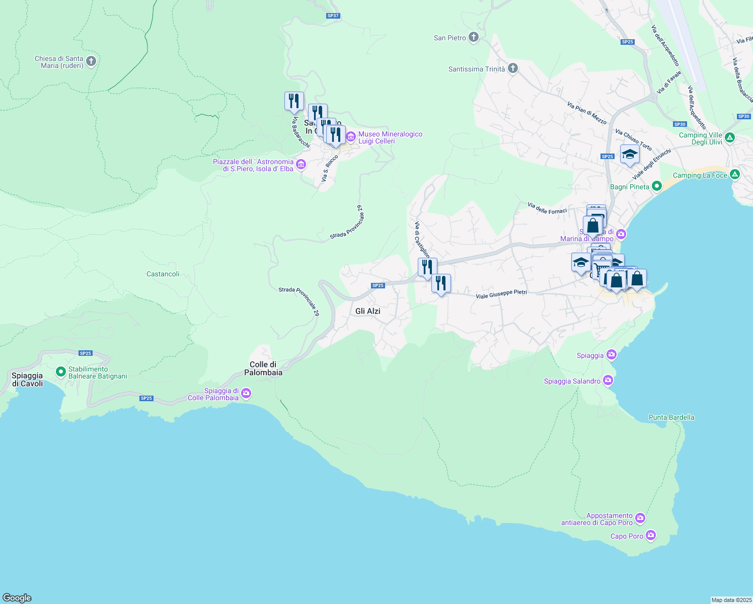 map of restaurants, bars, coffee shops, grocery stores, and more near 107 Traversa degli Alzi in Gli Alzi
